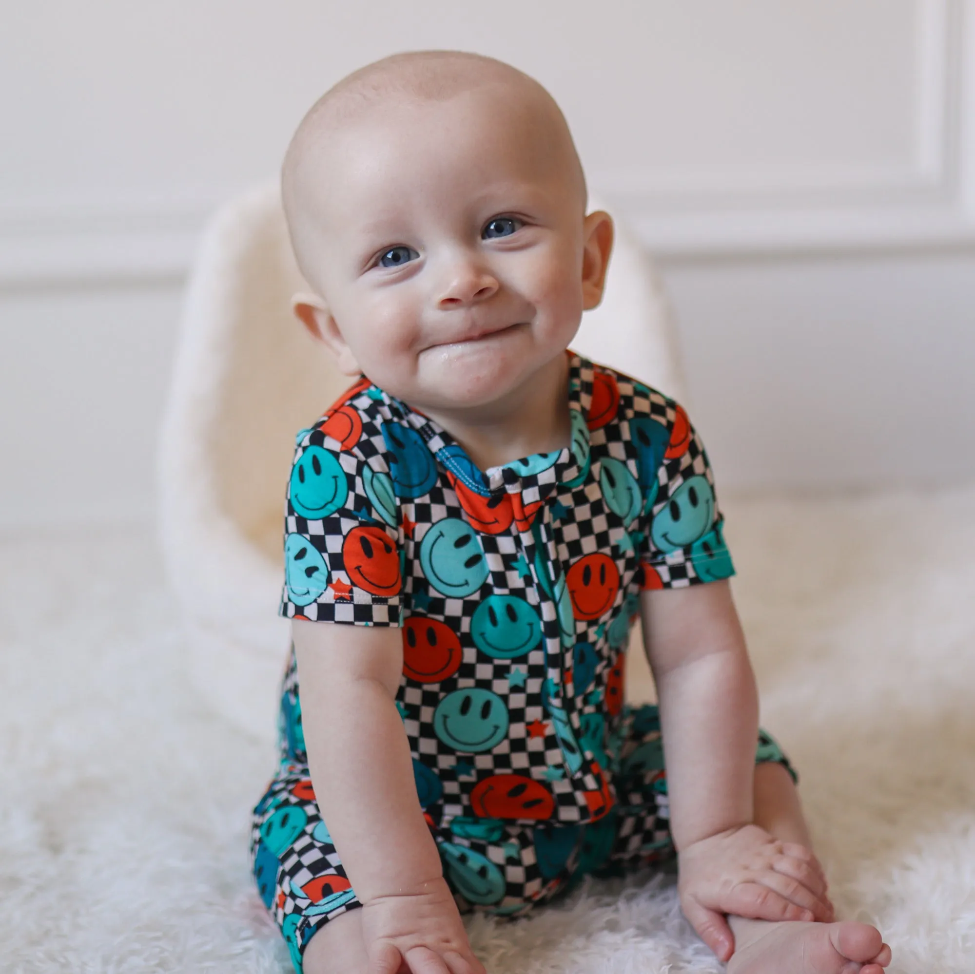 SHORTIE ZIP ROMPER - Blue Check Smile