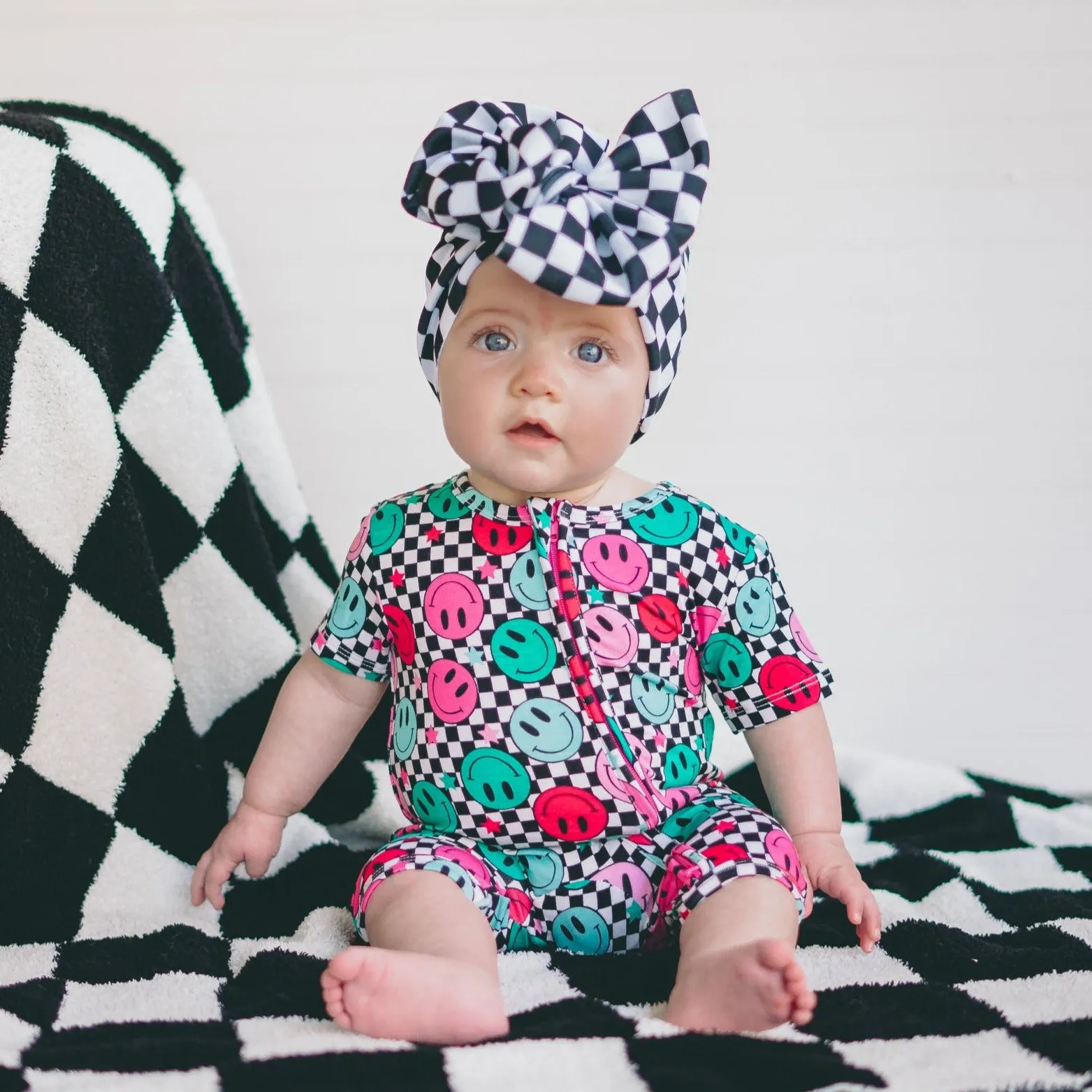 SHORTIE ZIP ROMPER - Pink Check Smile