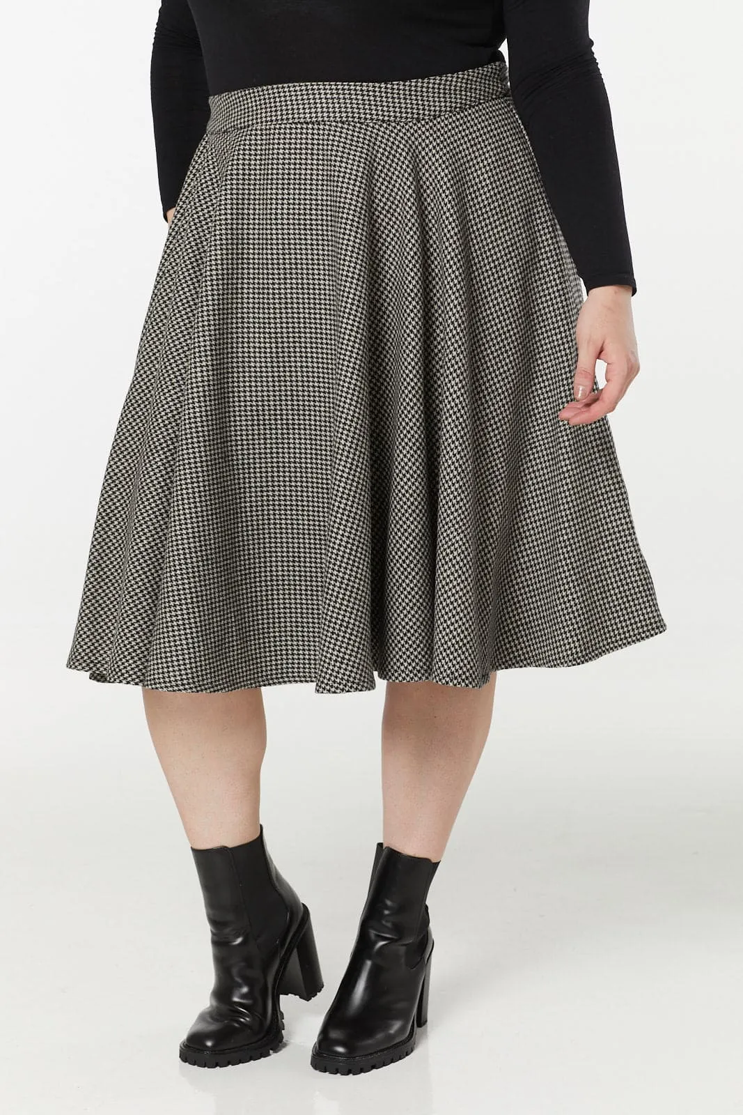 Sophie Houndstooth Woollen Check Tartan Midi Swing Skirt