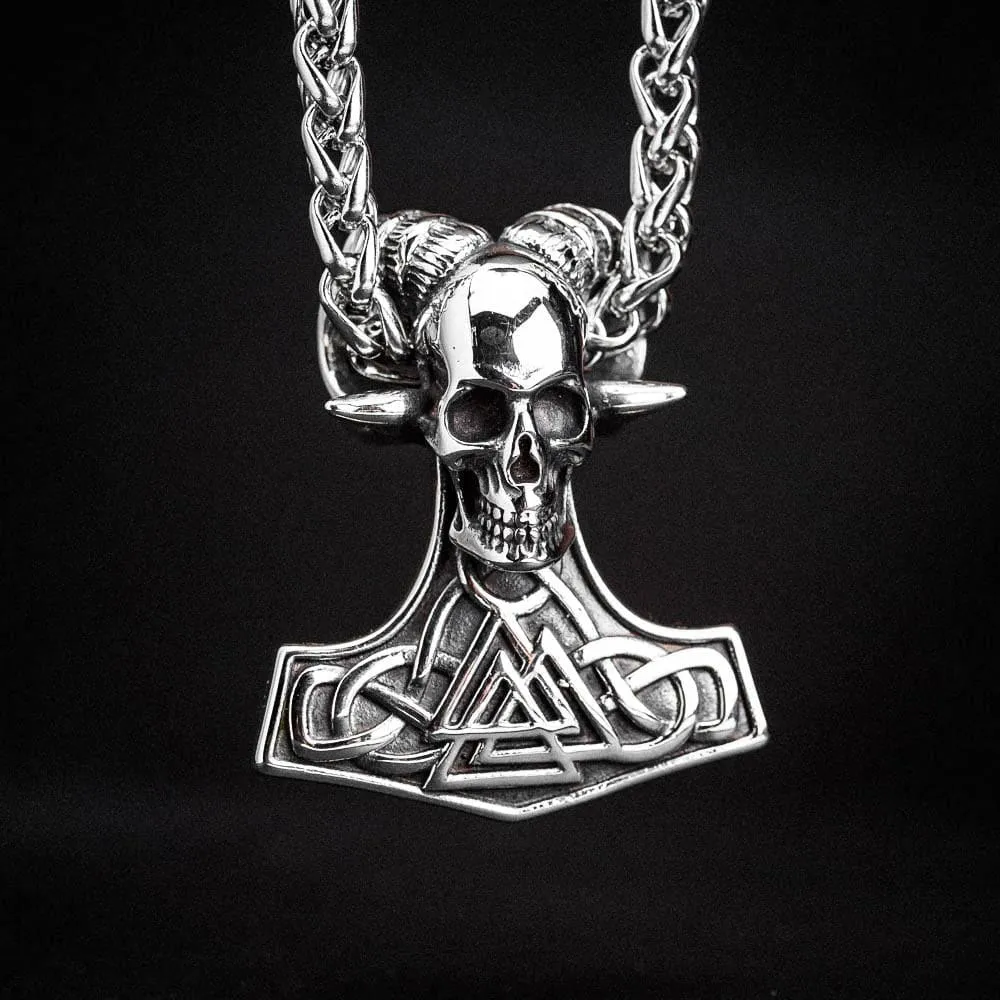 Stainless Steel Valknut and Skull Mjolnir Necklace