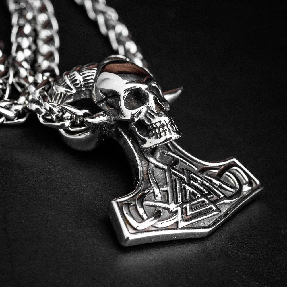 Stainless Steel Valknut and Skull Mjolnir Necklace