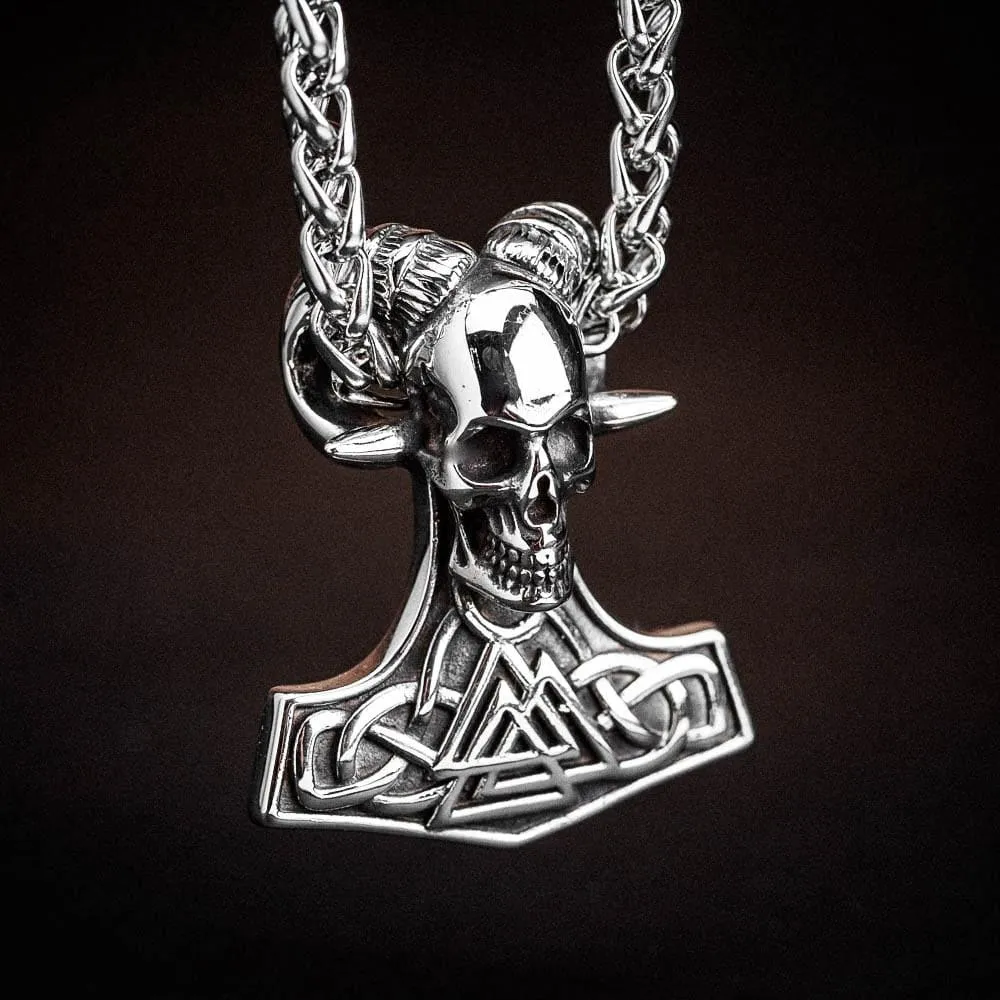 Stainless Steel Valknut and Skull Mjolnir Necklace