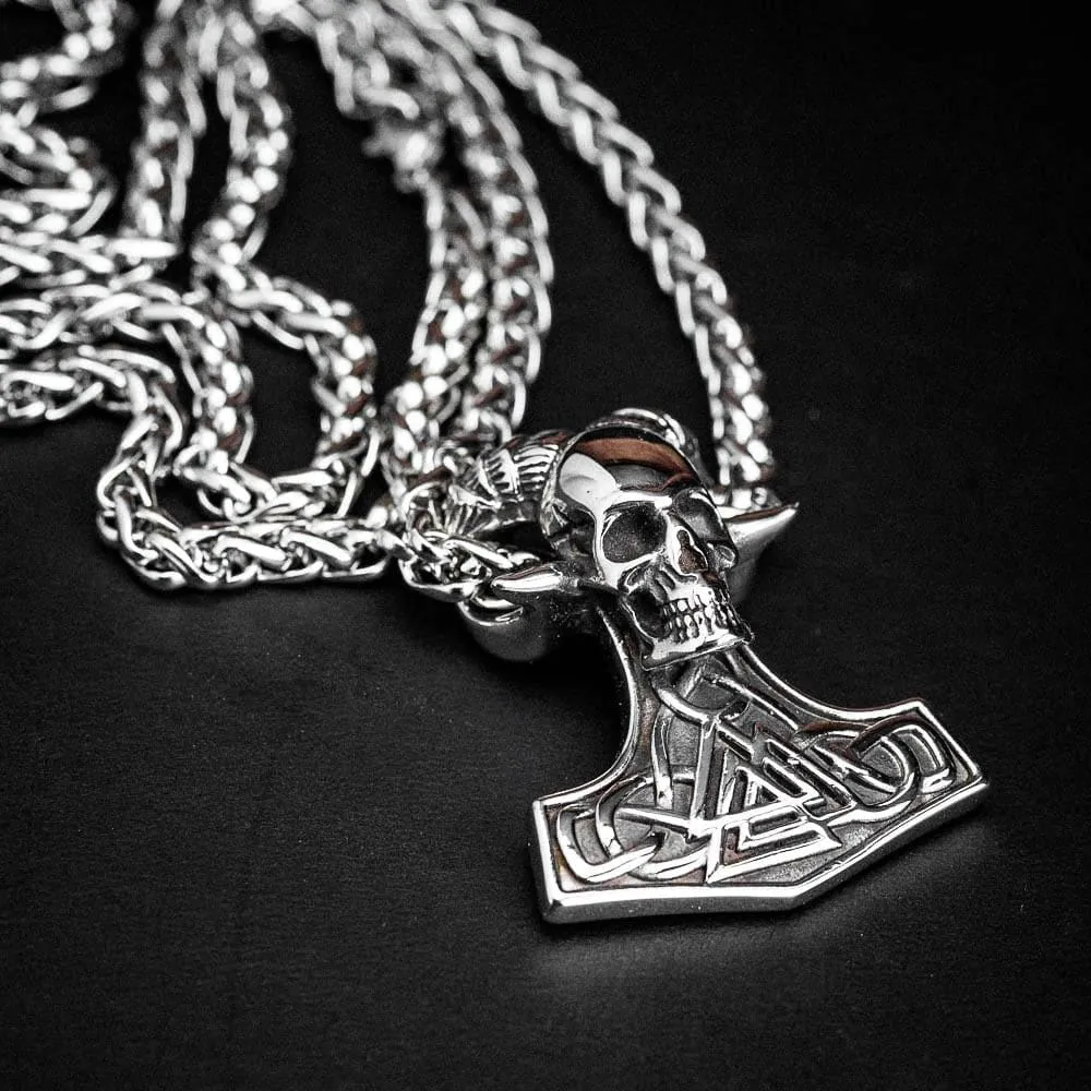 Stainless Steel Valknut and Skull Mjolnir Necklace