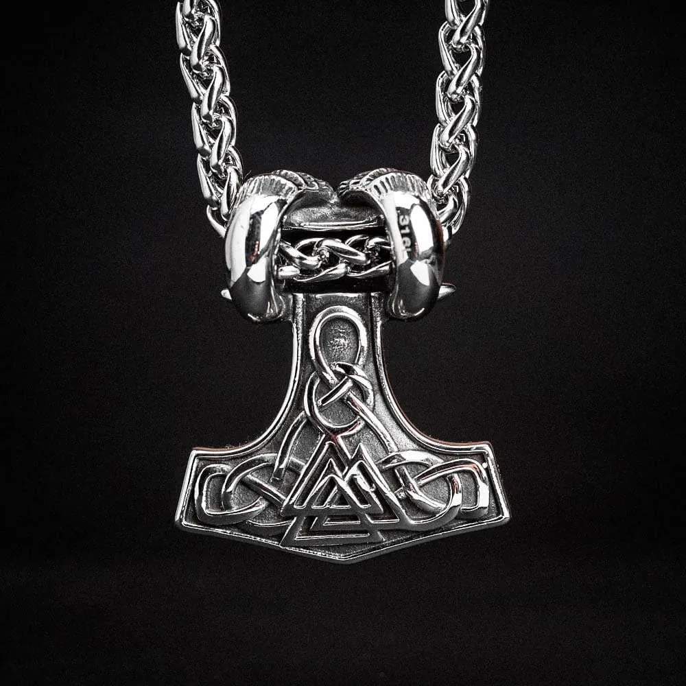 Stainless Steel Valknut and Skull Mjolnir Necklace