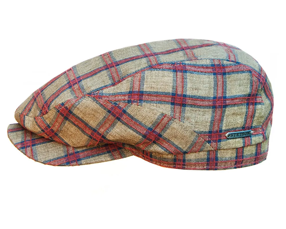 Stetson 'Driver' Cotton/Linen Flat Cap in Olive Windowpane Check