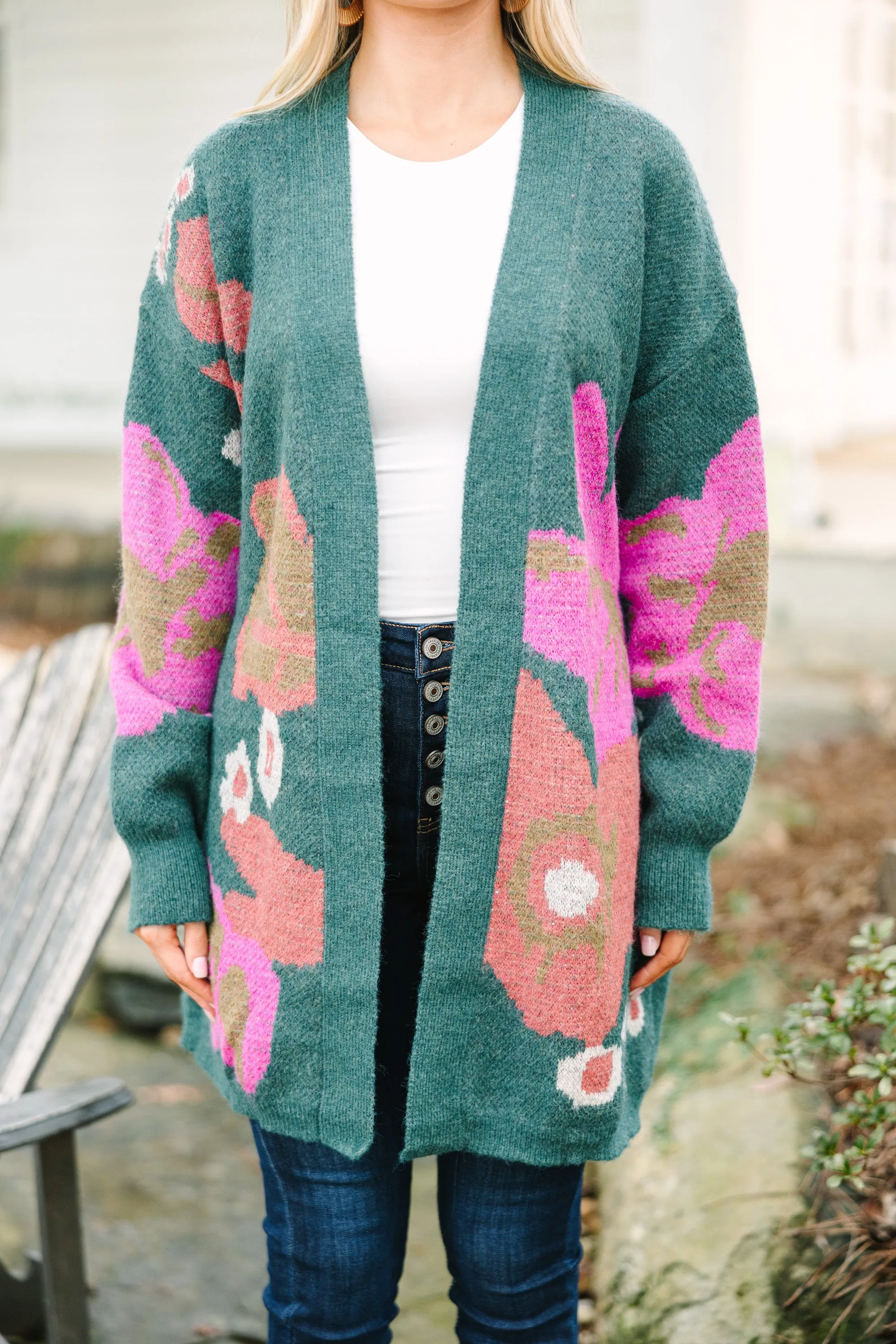 Tell Me More Hunter Green Floral Cardigan