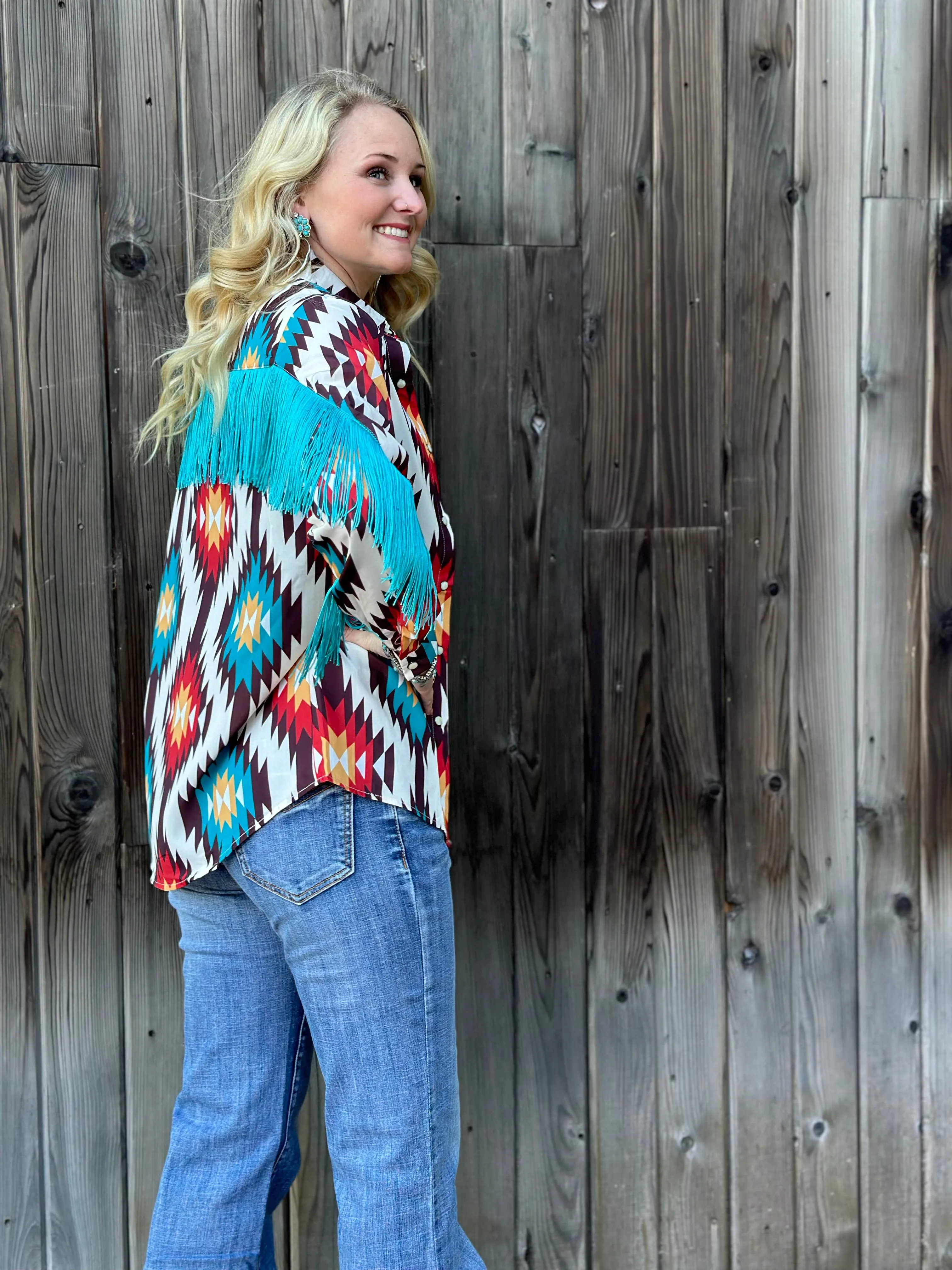 The Arlington Aztec Fringe Snap Front Western Shirt