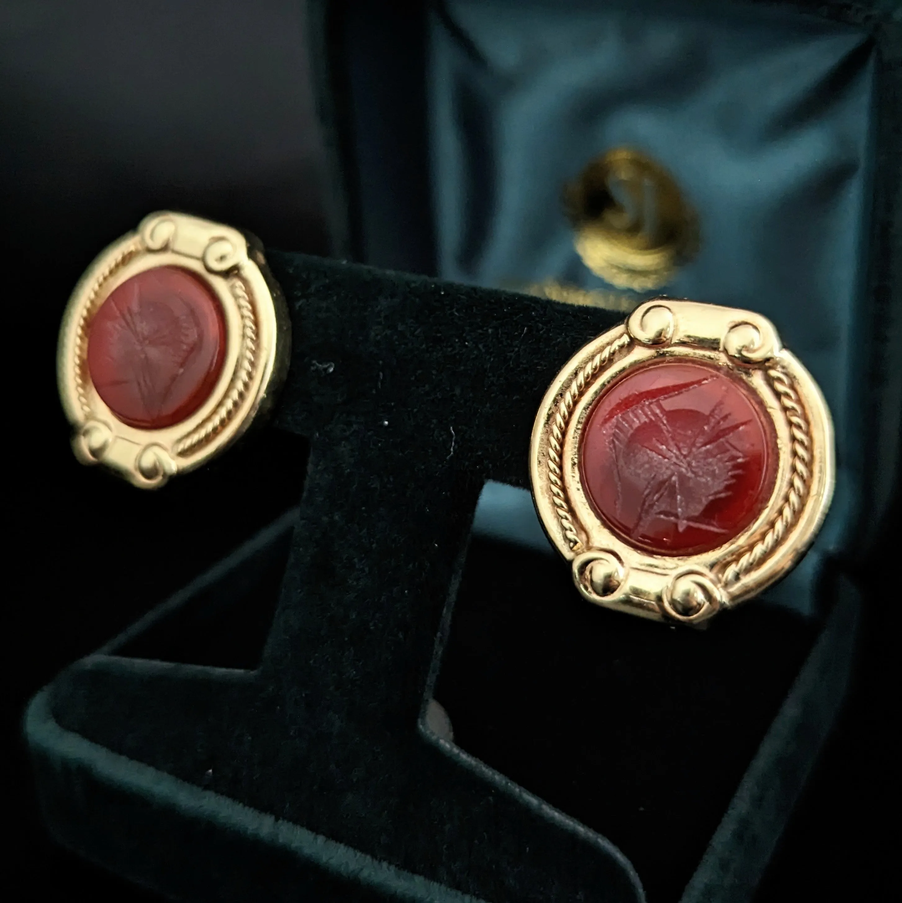 The Gorham - Vintage Carved Carnelian 14k Yellow Gold Earrings Roman