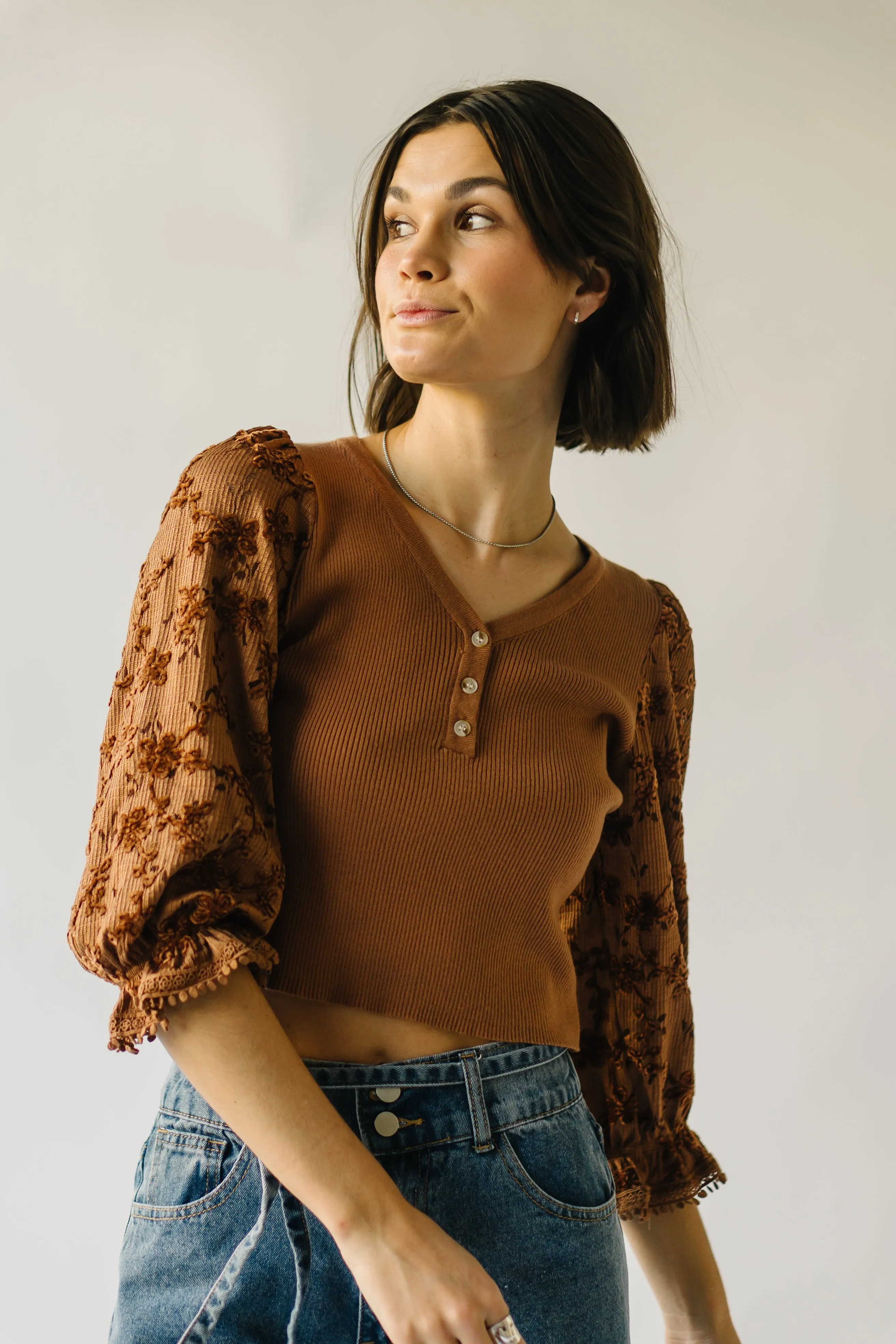 The Harpswell Lace Contrast Blouse in Brown