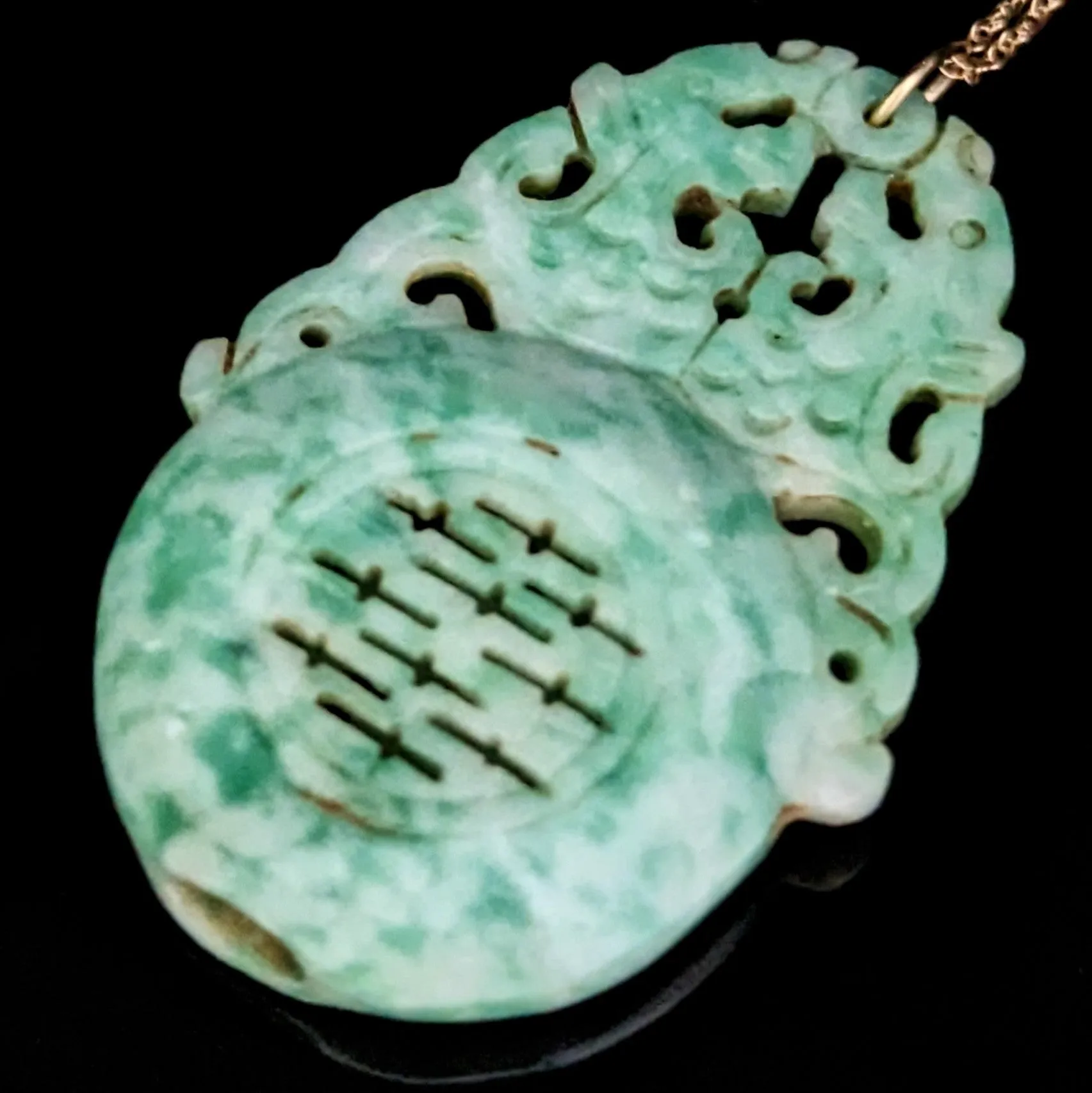 The Kirkby - Vintage Carved Jade Dragons 10k Gold Pendant on Chain