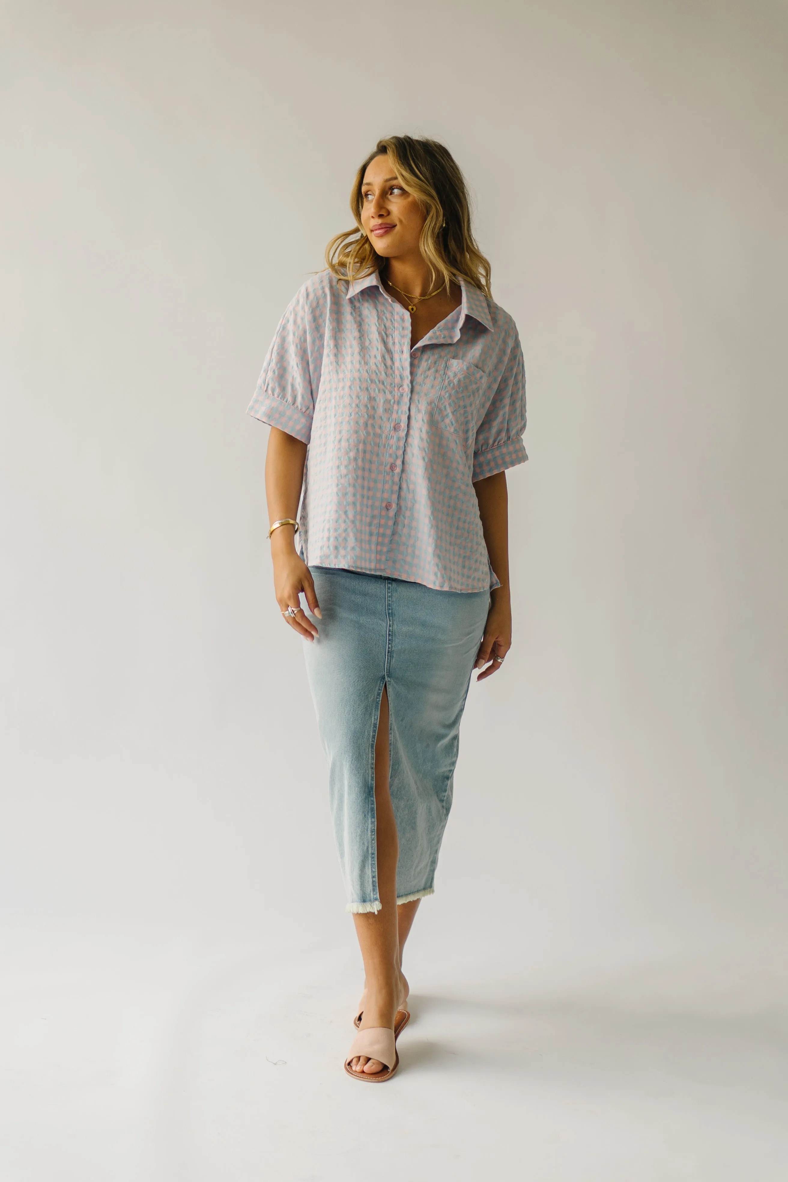 The Laia Checkered Button-Up Blouse in Sky Blue   Pink