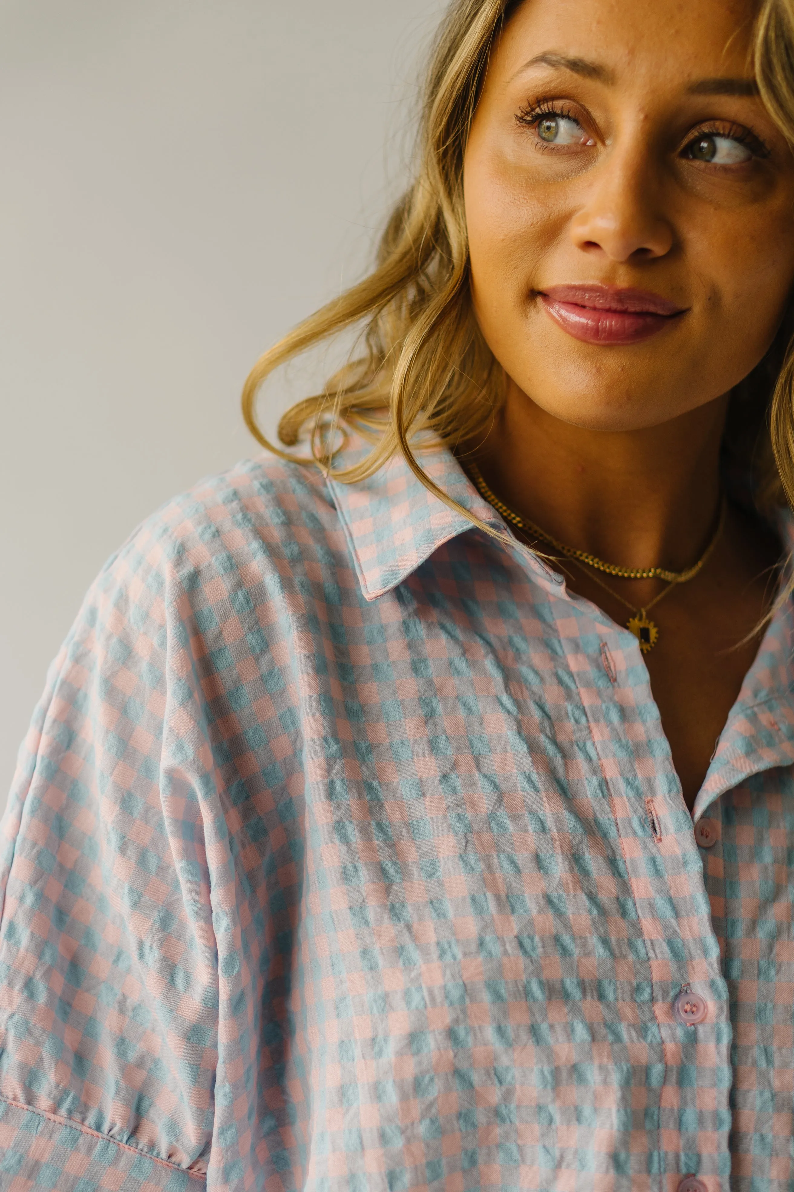 The Laia Checkered Button-Up Blouse in Sky Blue   Pink