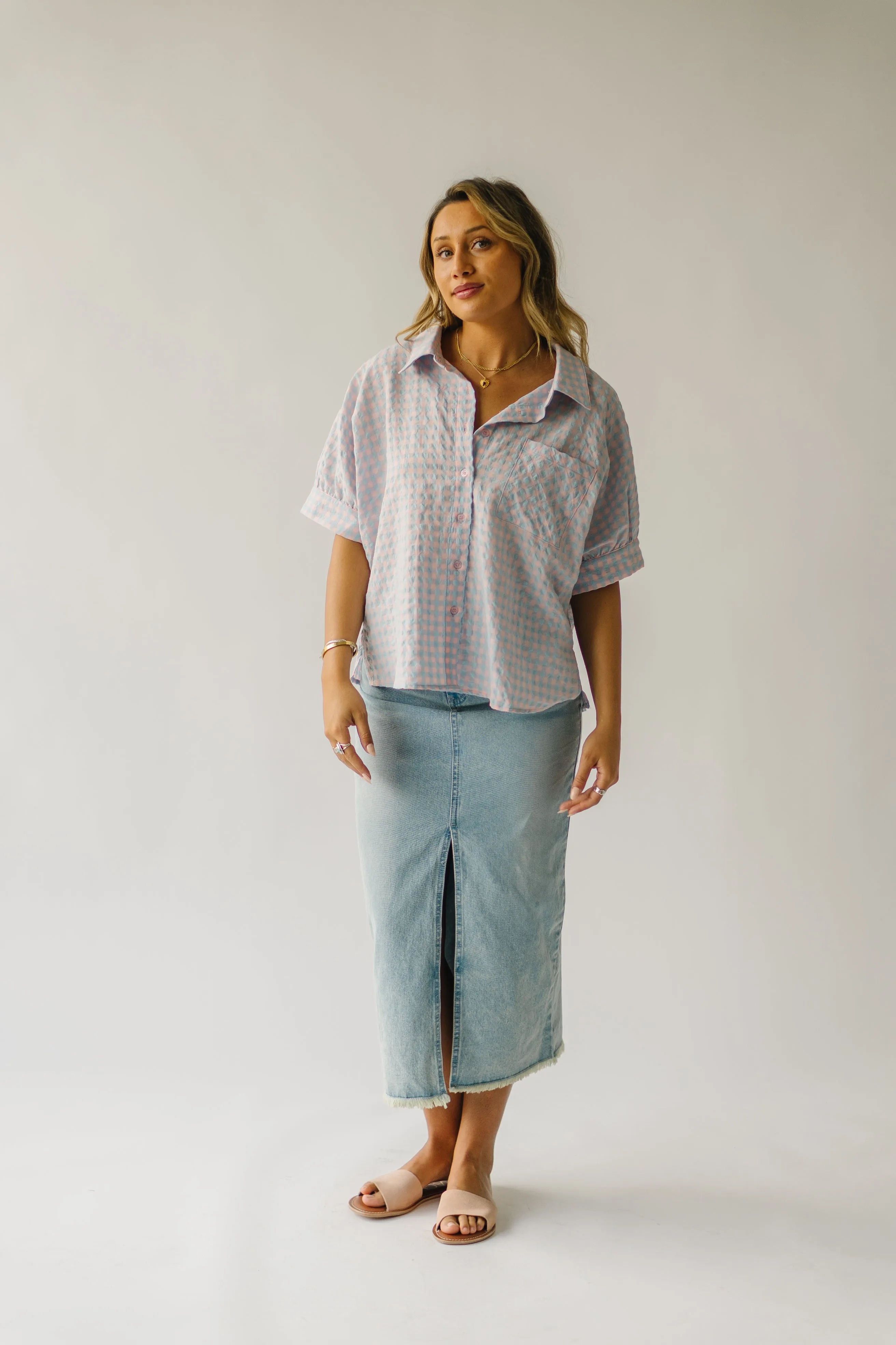 The Laia Checkered Button-Up Blouse in Sky Blue   Pink