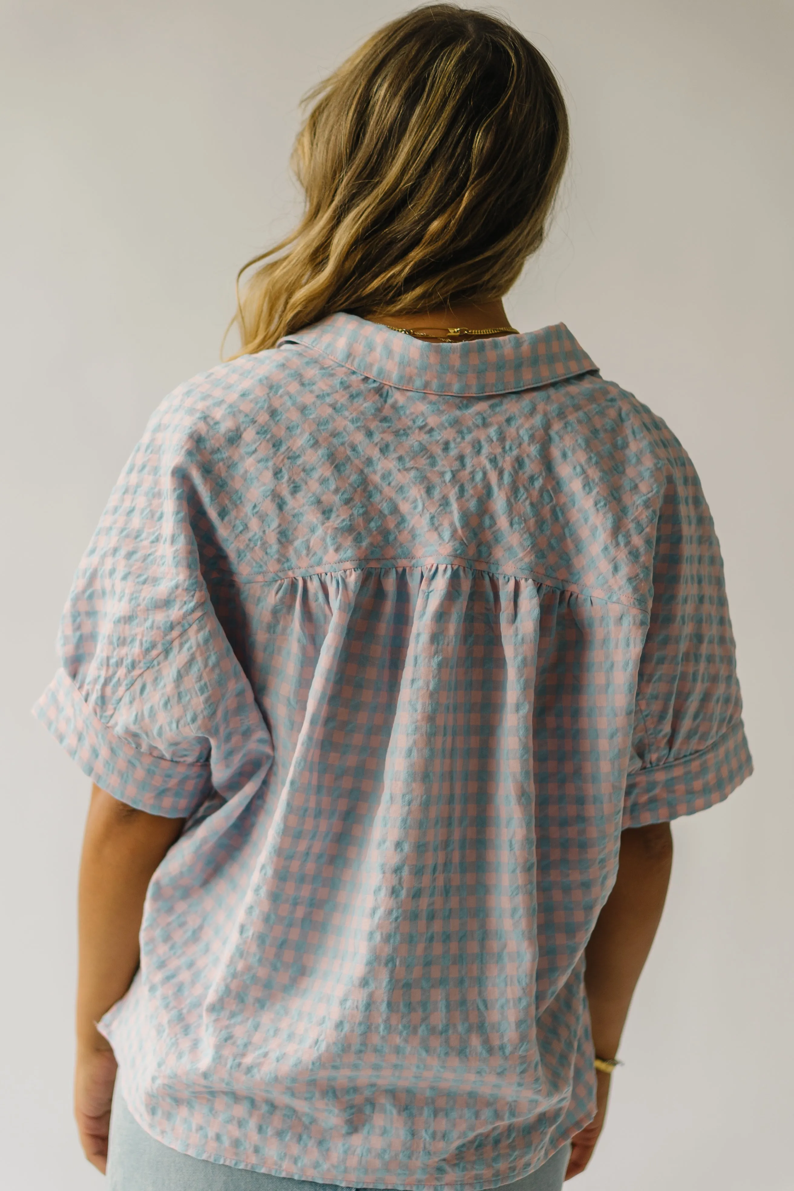 The Laia Checkered Button-Up Blouse in Sky Blue   Pink