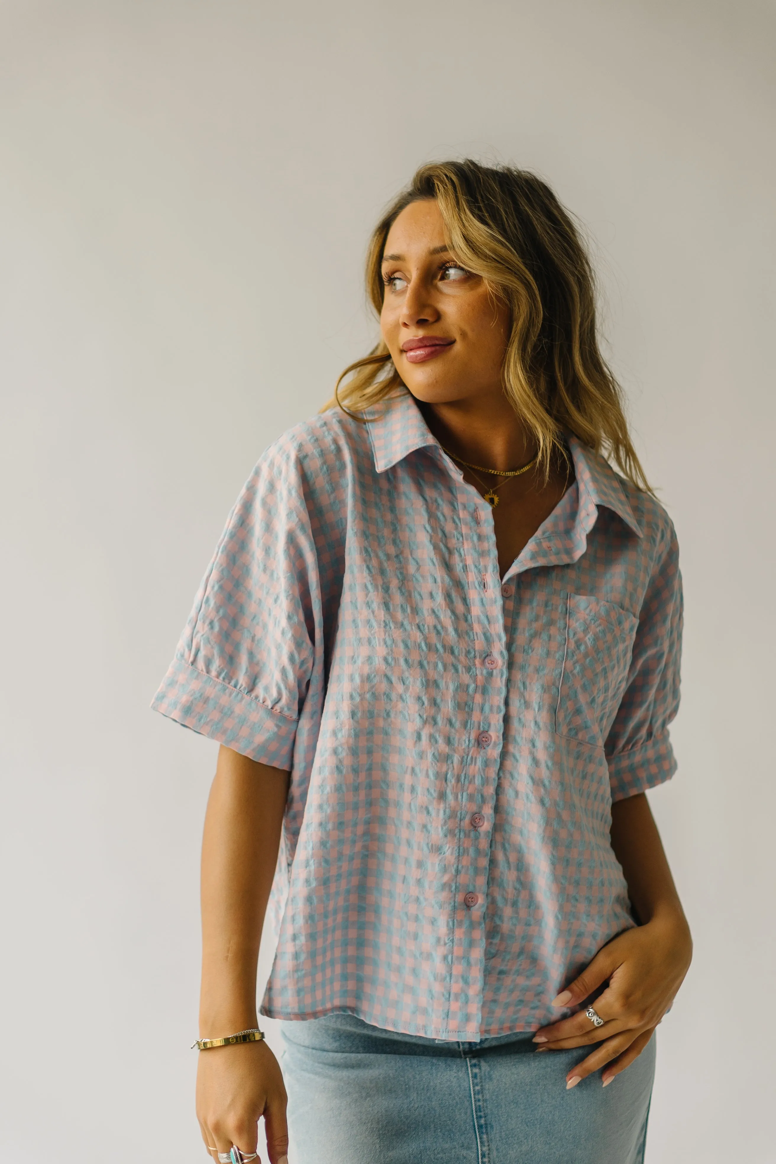 The Laia Checkered Button-Up Blouse in Sky Blue   Pink