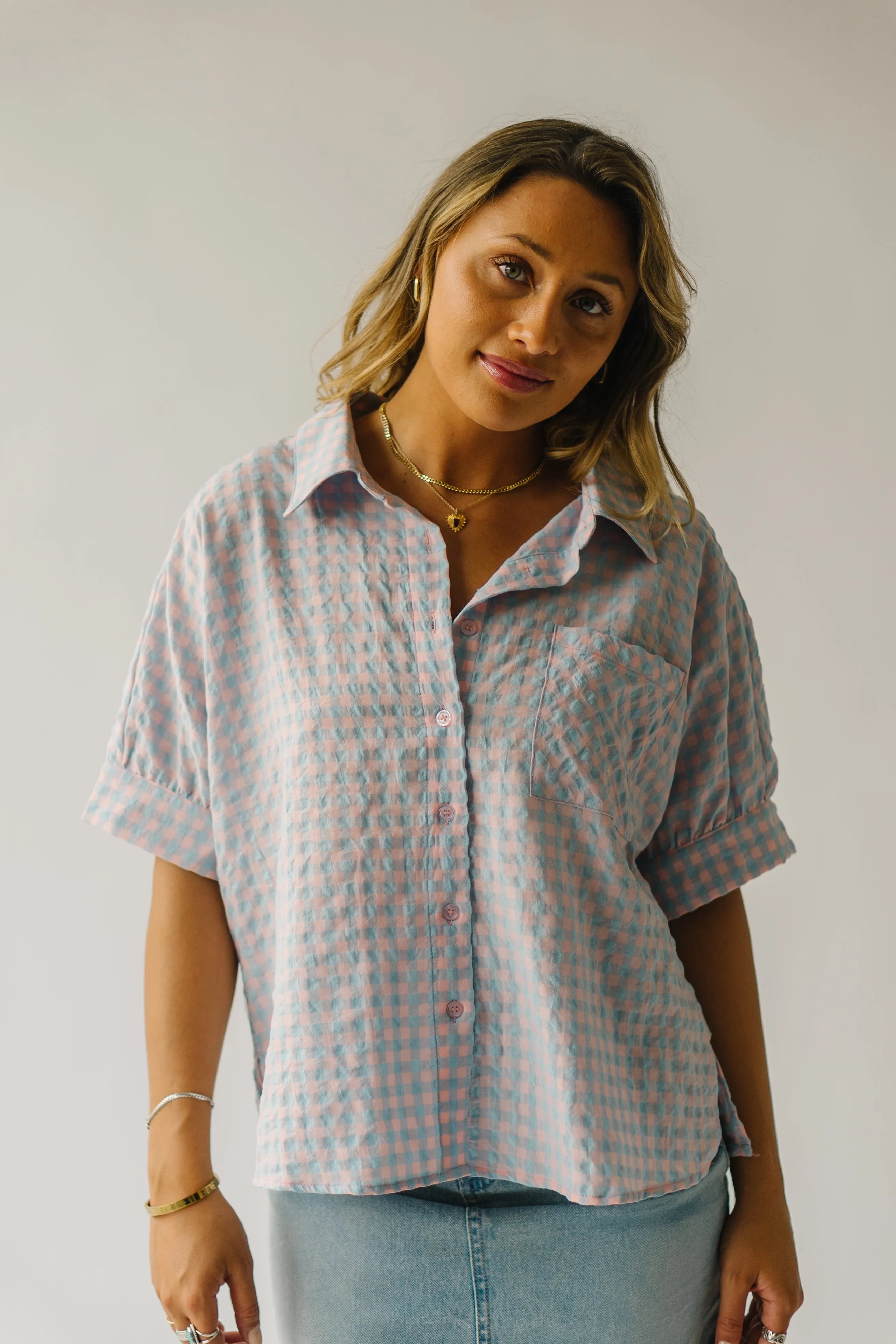 The Laia Checkered Button-Up Blouse in Sky Blue   Pink