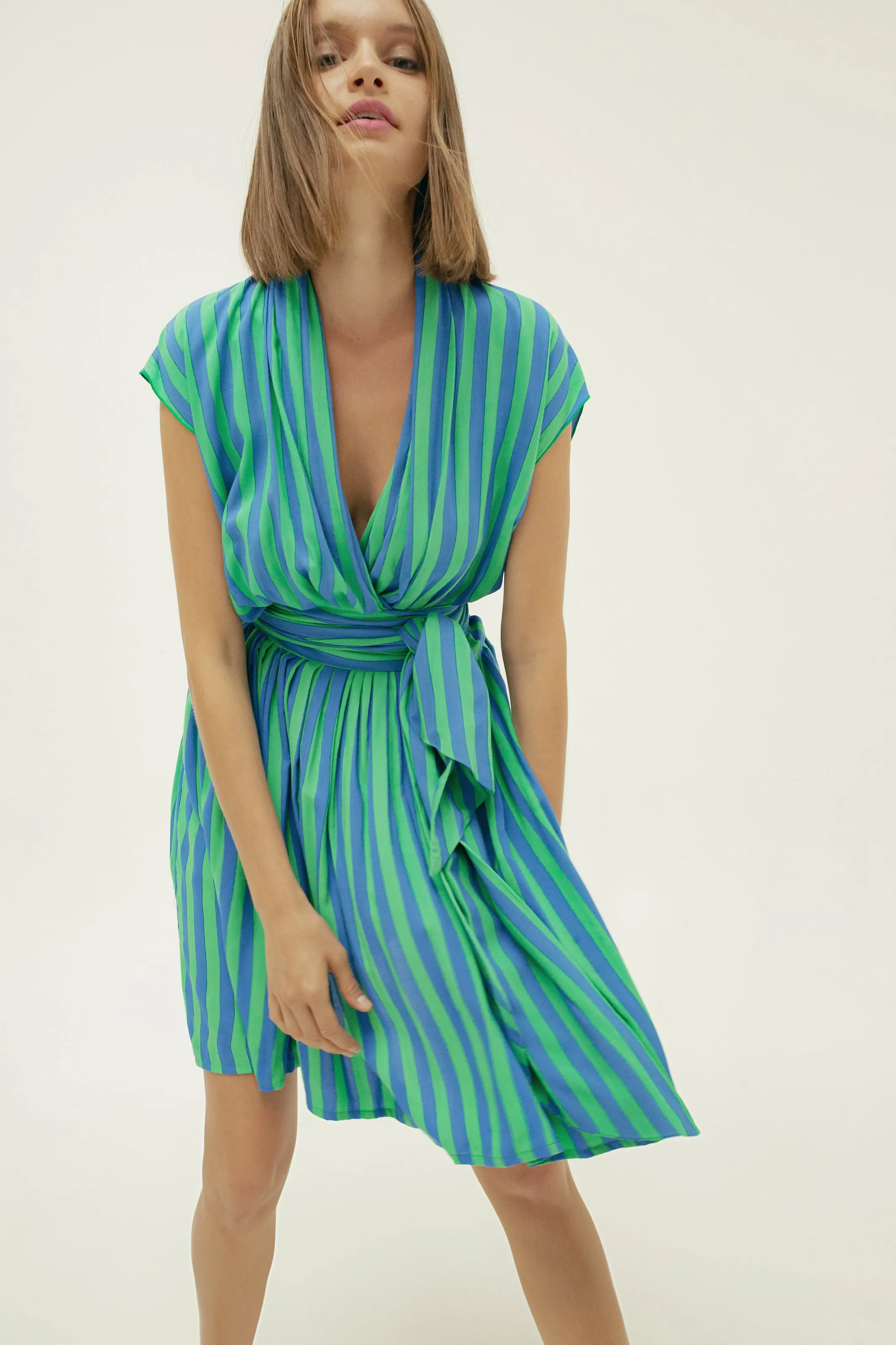 THE POINT DRESS SHORT - WHIPPY STRIPE GREEN & BLUE