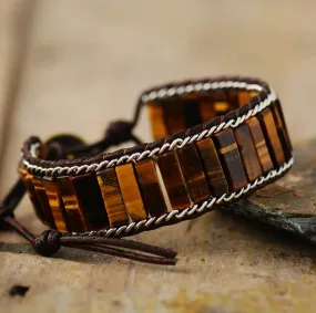 Tiger Eye Tubestone Leather Wrap Bracelet (Unisex)