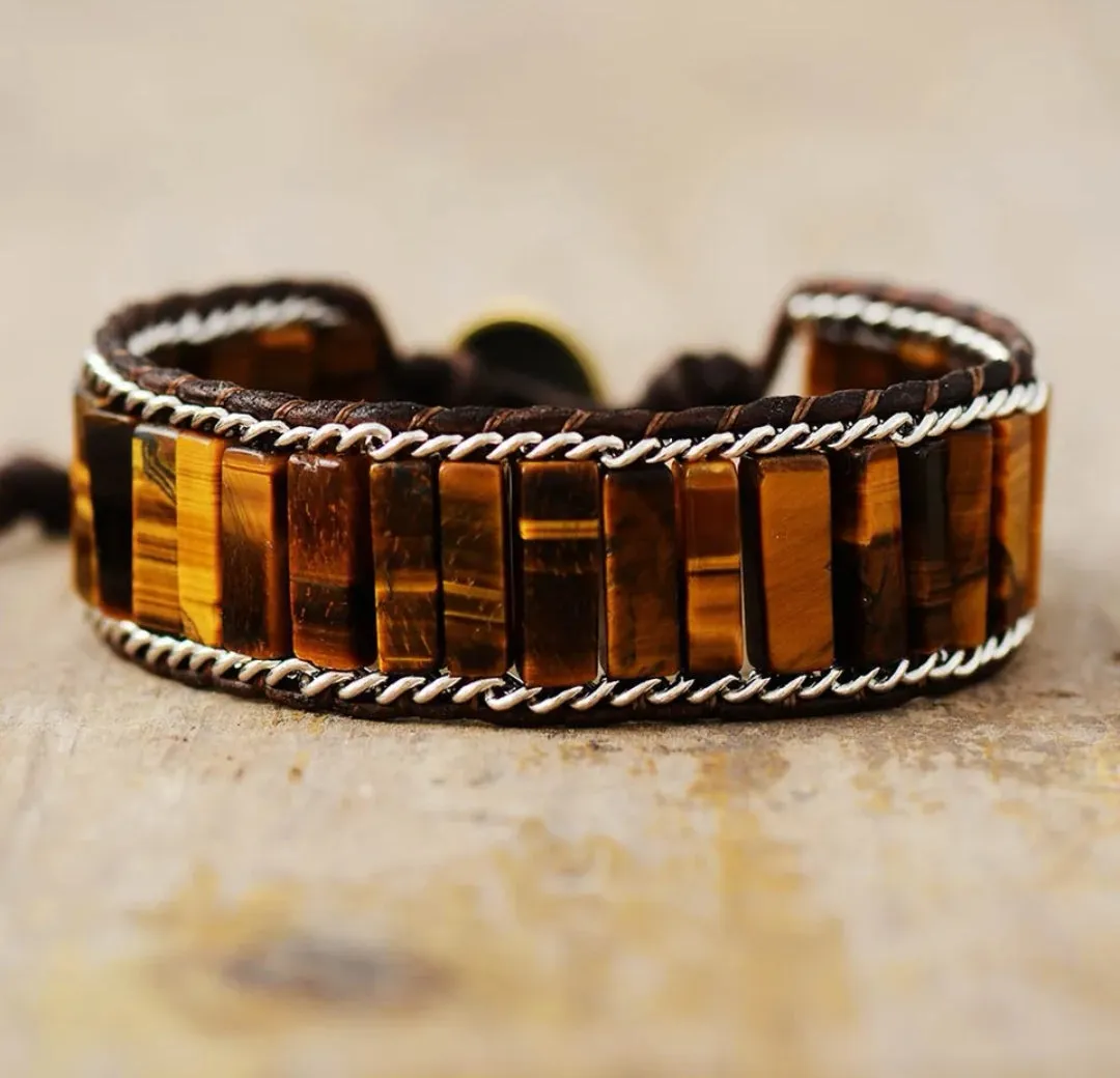 Tiger Eye Tubestone Leather Wrap Bracelet (Unisex)