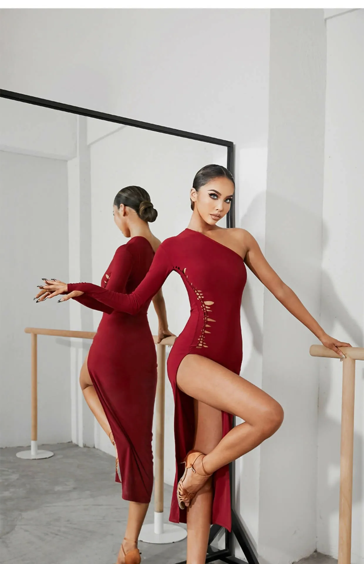 Versatile One-Sleeve Latin Practice Dress | Black/Red | 2253