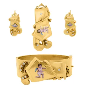 Victorian 14k Cherub Enamel and Diamond Buckle Bracelet   Earring   Brooch Set