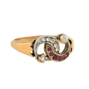 Victorian 14kt Diamond, Pearl   Ruby Double Crescent Ring