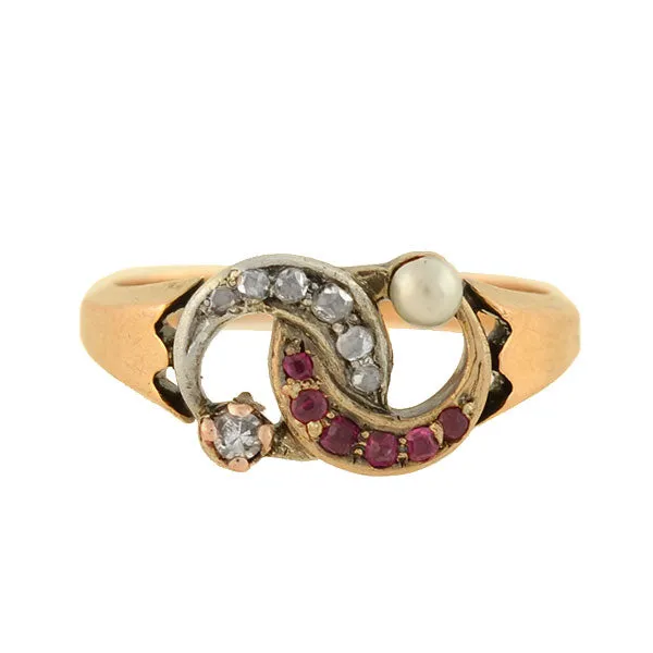 Victorian 14kt Diamond, Pearl   Ruby Double Crescent Ring