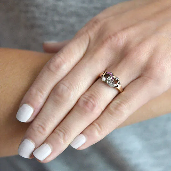 Victorian 14kt Diamond, Pearl   Ruby Double Crescent Ring