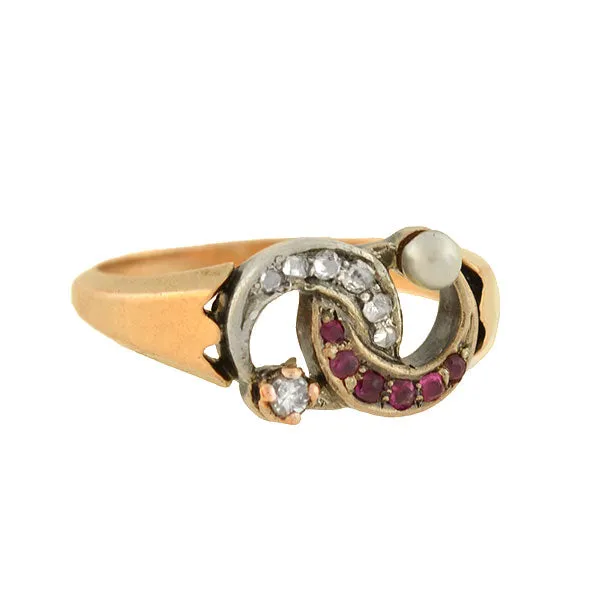 Victorian 14kt Diamond, Pearl   Ruby Double Crescent Ring