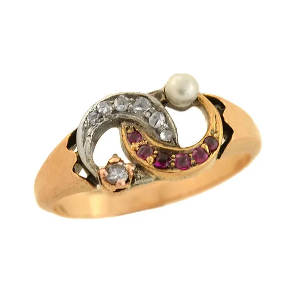 Victorian 14kt Diamond, Pearl   Ruby Double Crescent Ring