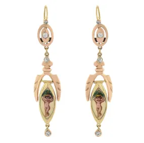 Victorian 18kt Diamond   Enameled Cherub Earrings