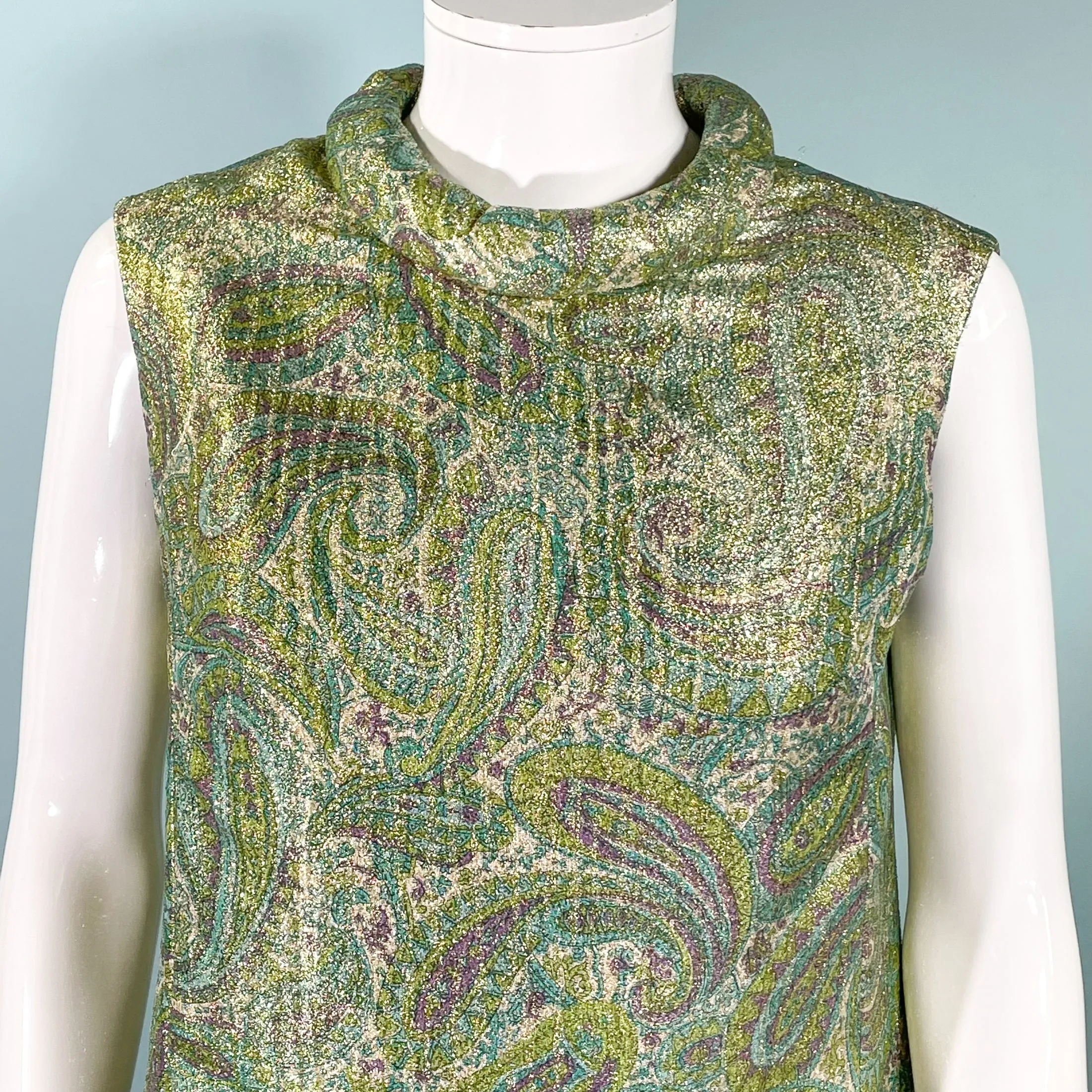 Vintage 60s Mod Atomic Paisley Lurex Sparkle Dress, Dynasty British Hong Kong SZ 12