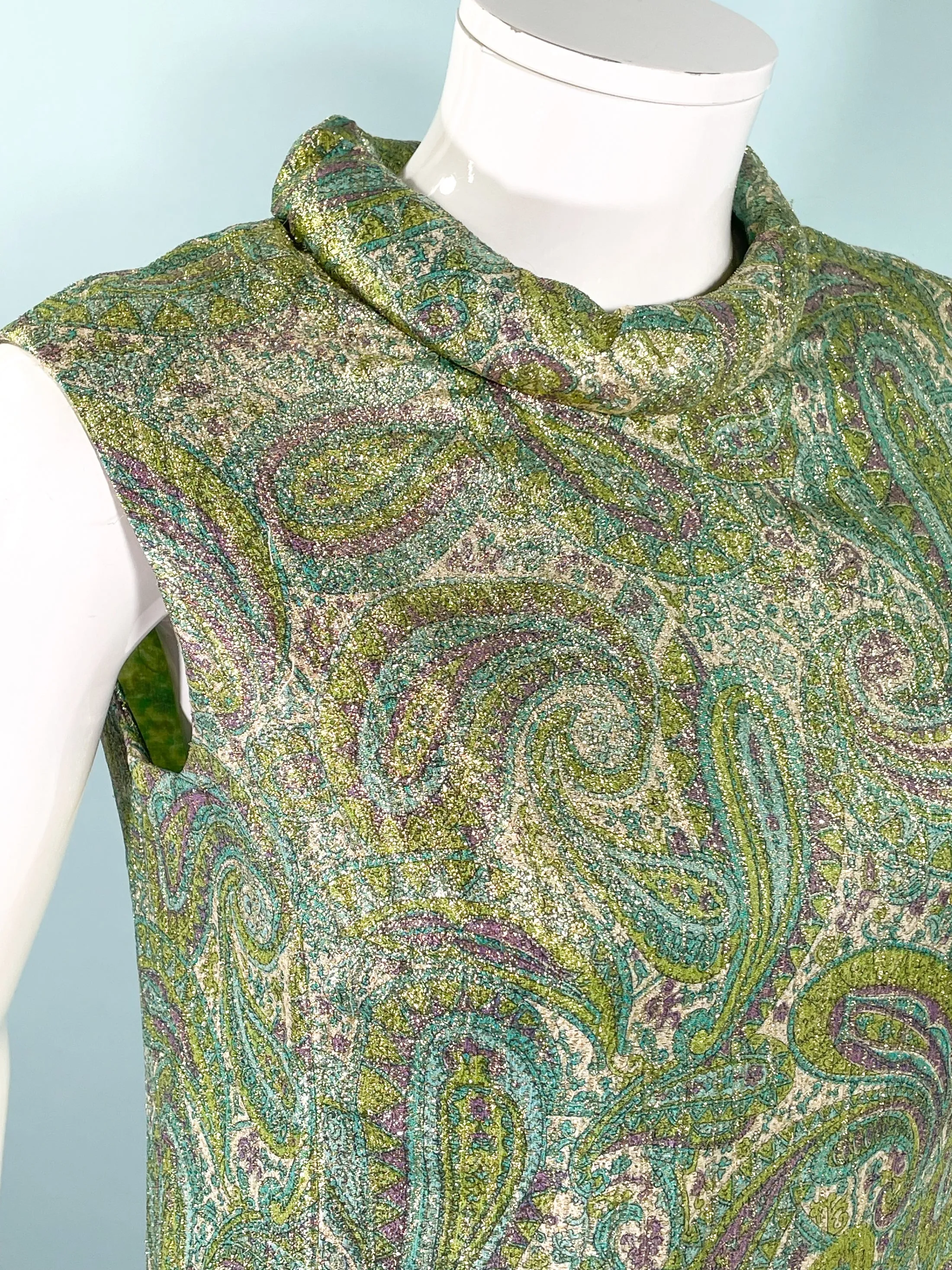 Vintage 60s Mod Atomic Paisley Lurex Sparkle Dress, Dynasty British Hong Kong SZ 12