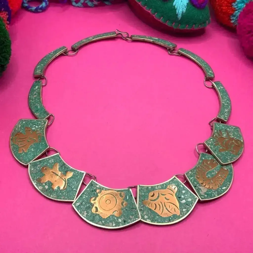 Vintage Mexican inlaid copper and silver  necklace