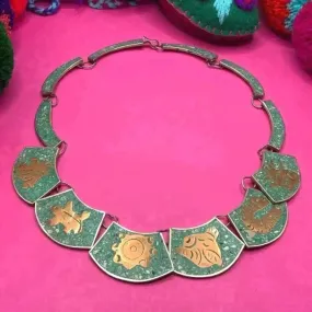 Vintage Mexican inlaid copper and silver  necklace