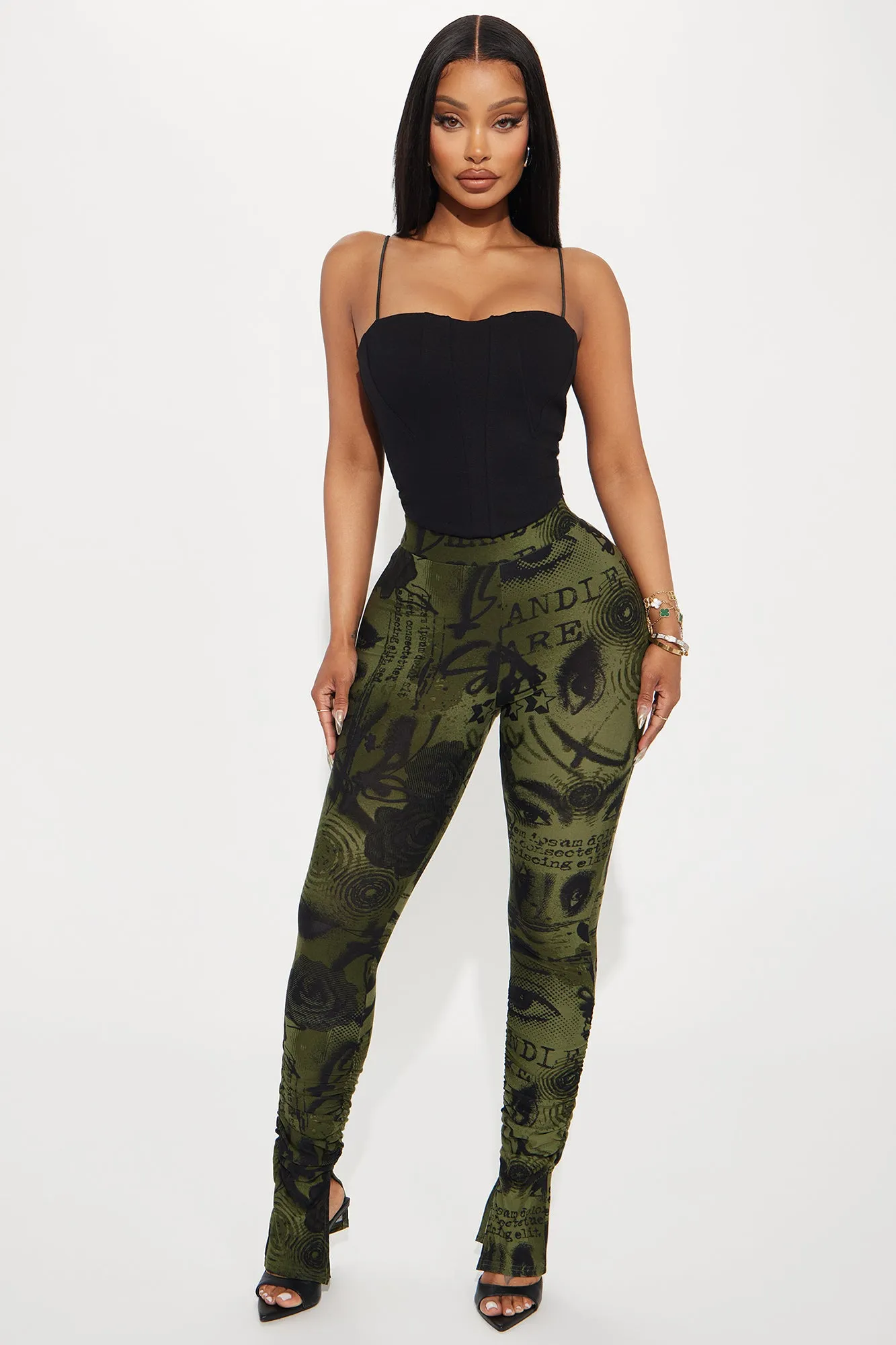 Watch Out Printed Stacked Pant - Olive/combo