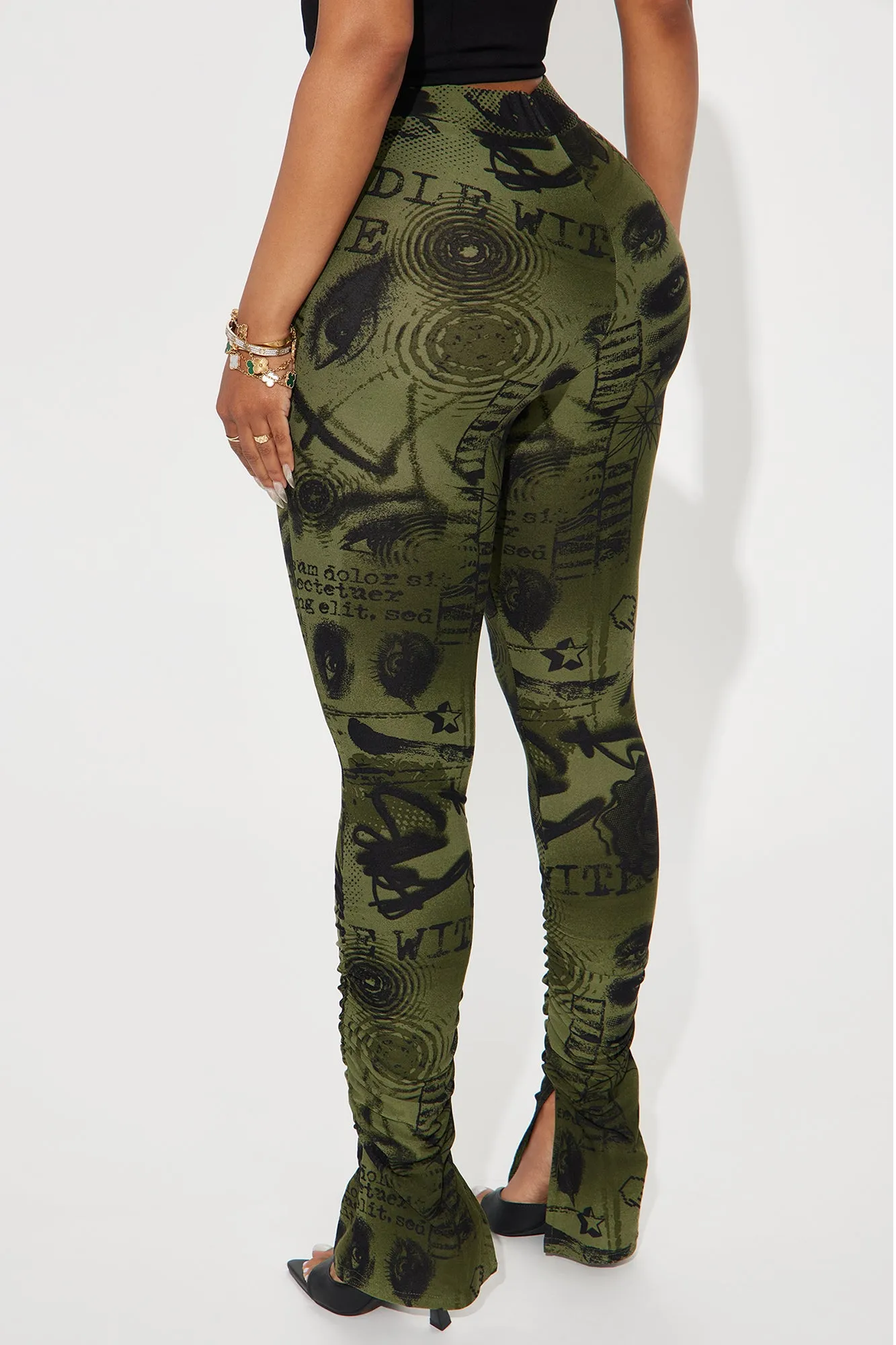 Watch Out Printed Stacked Pant - Olive/combo