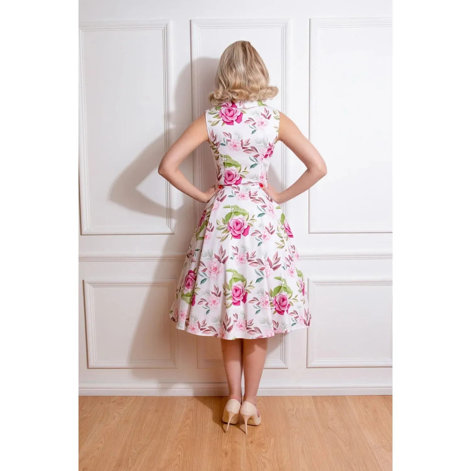 White Floral Print Sleeveless Rockabilly 50s Swing Tea Dress