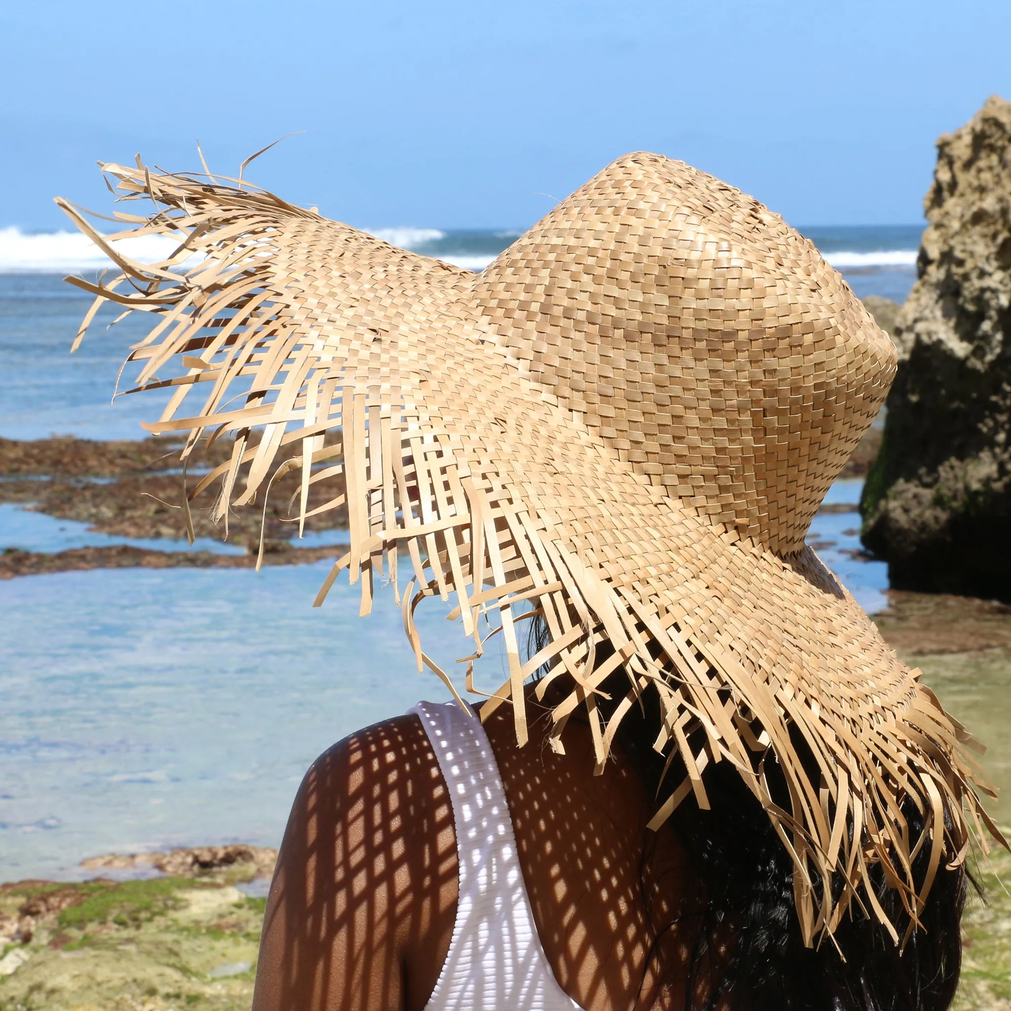 Wide Brim Raffia Straw Frayed Edge Hat