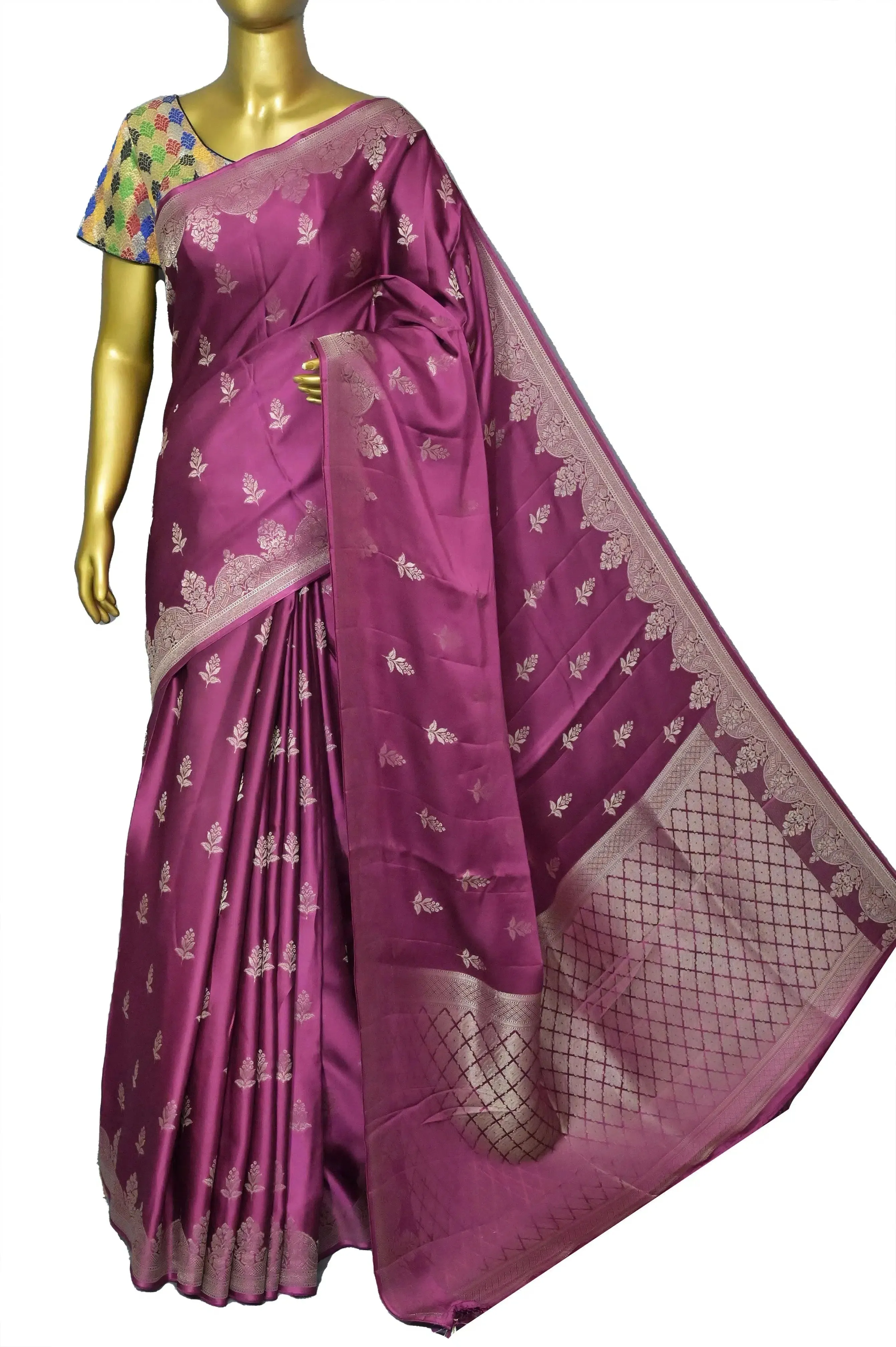 Wine Color Satin Silk Saree with Silver Zari Work