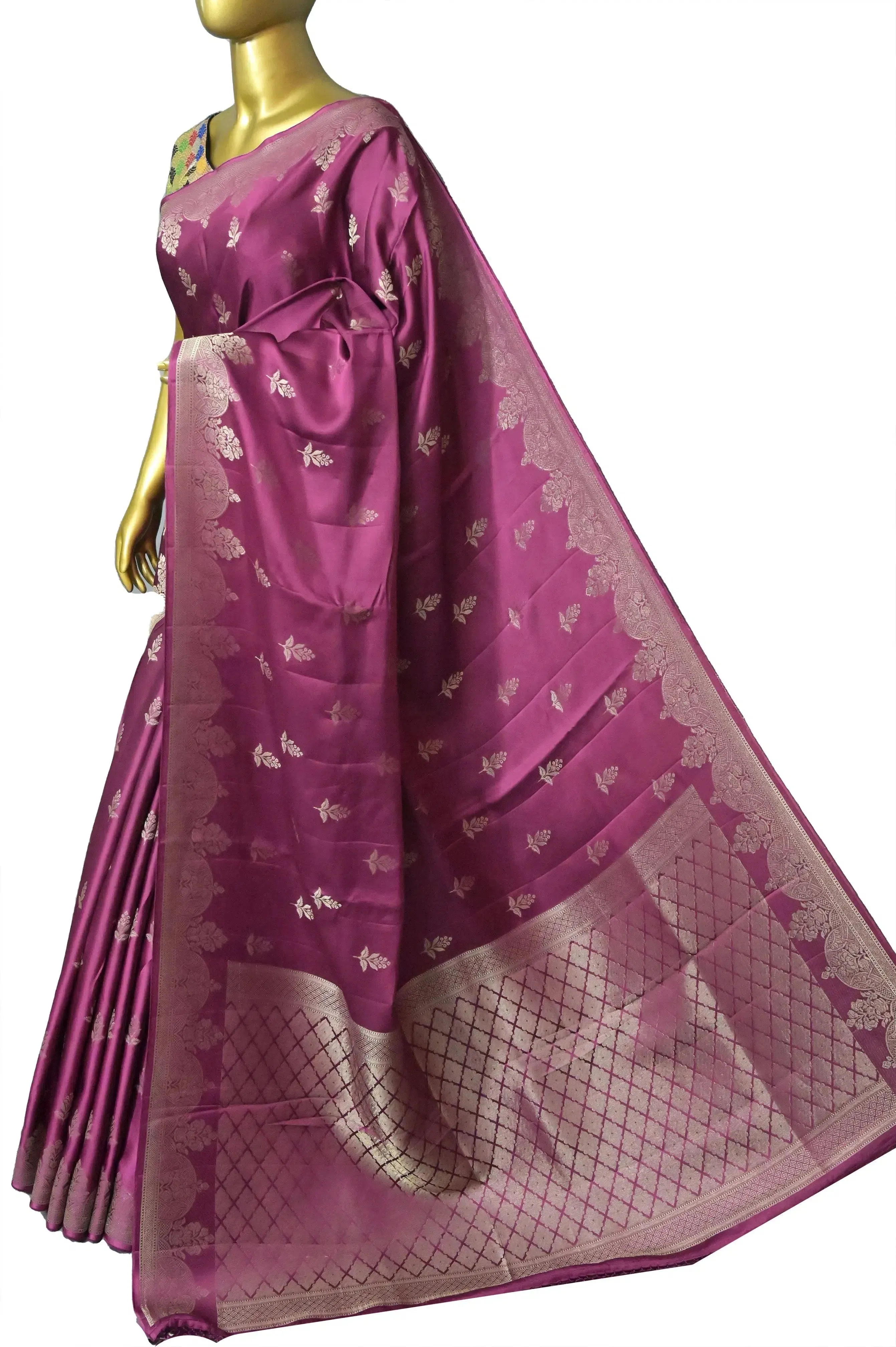 Wine Color Satin Silk Saree with Silver Zari Work