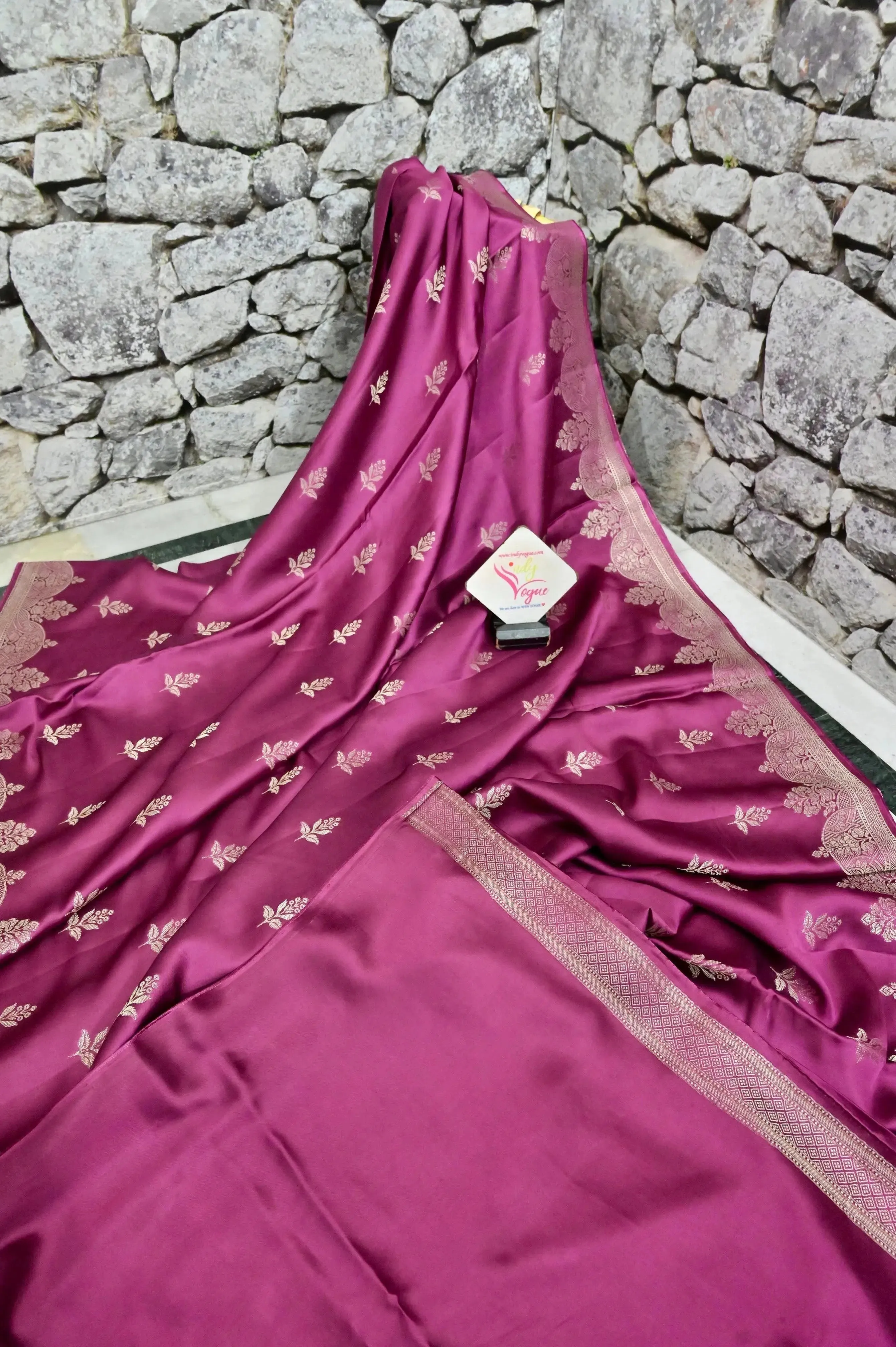 Wine Color Satin Silk Saree with Silver Zari Work