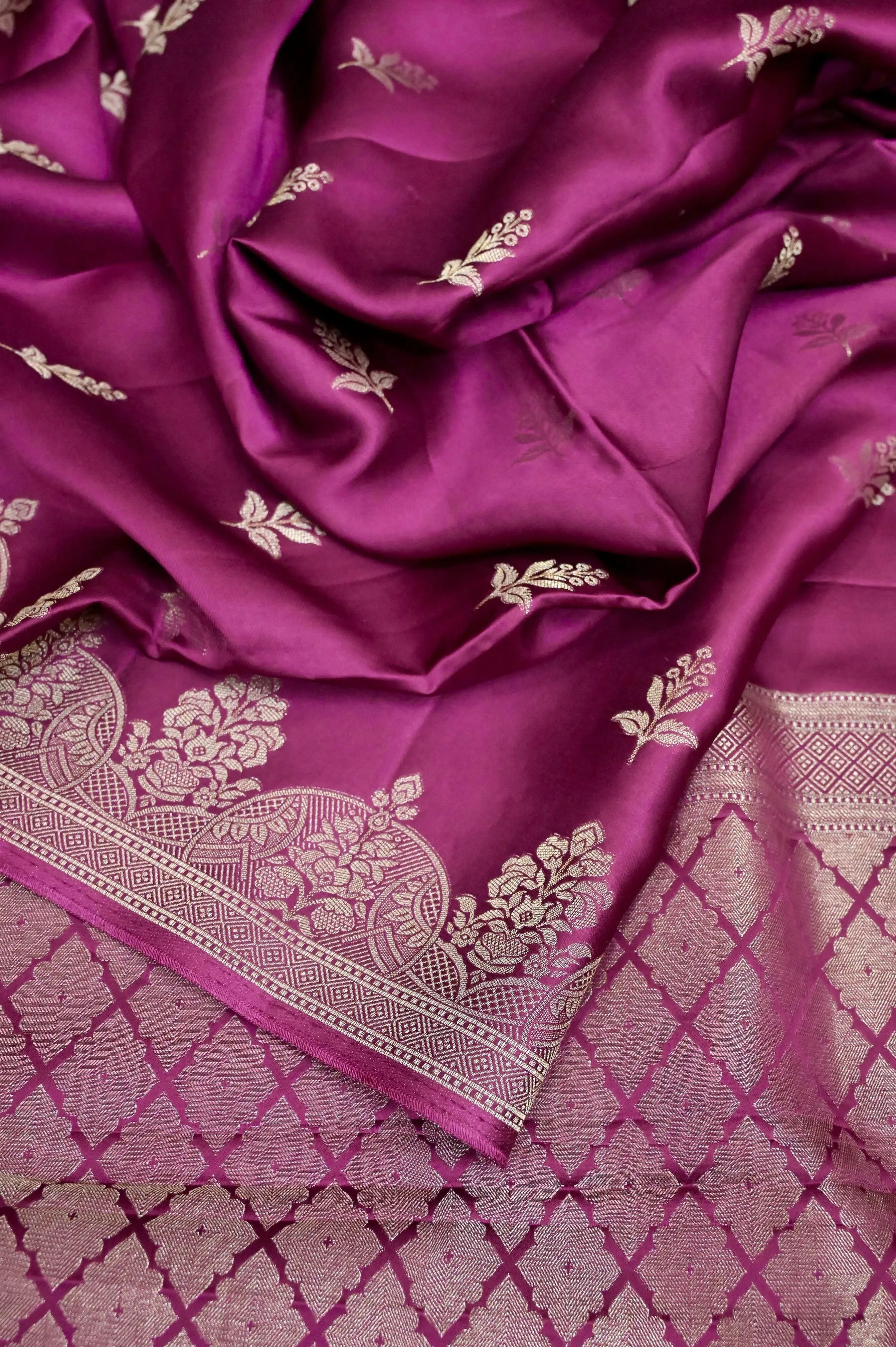 Wine Color Satin Silk Saree with Silver Zari Work