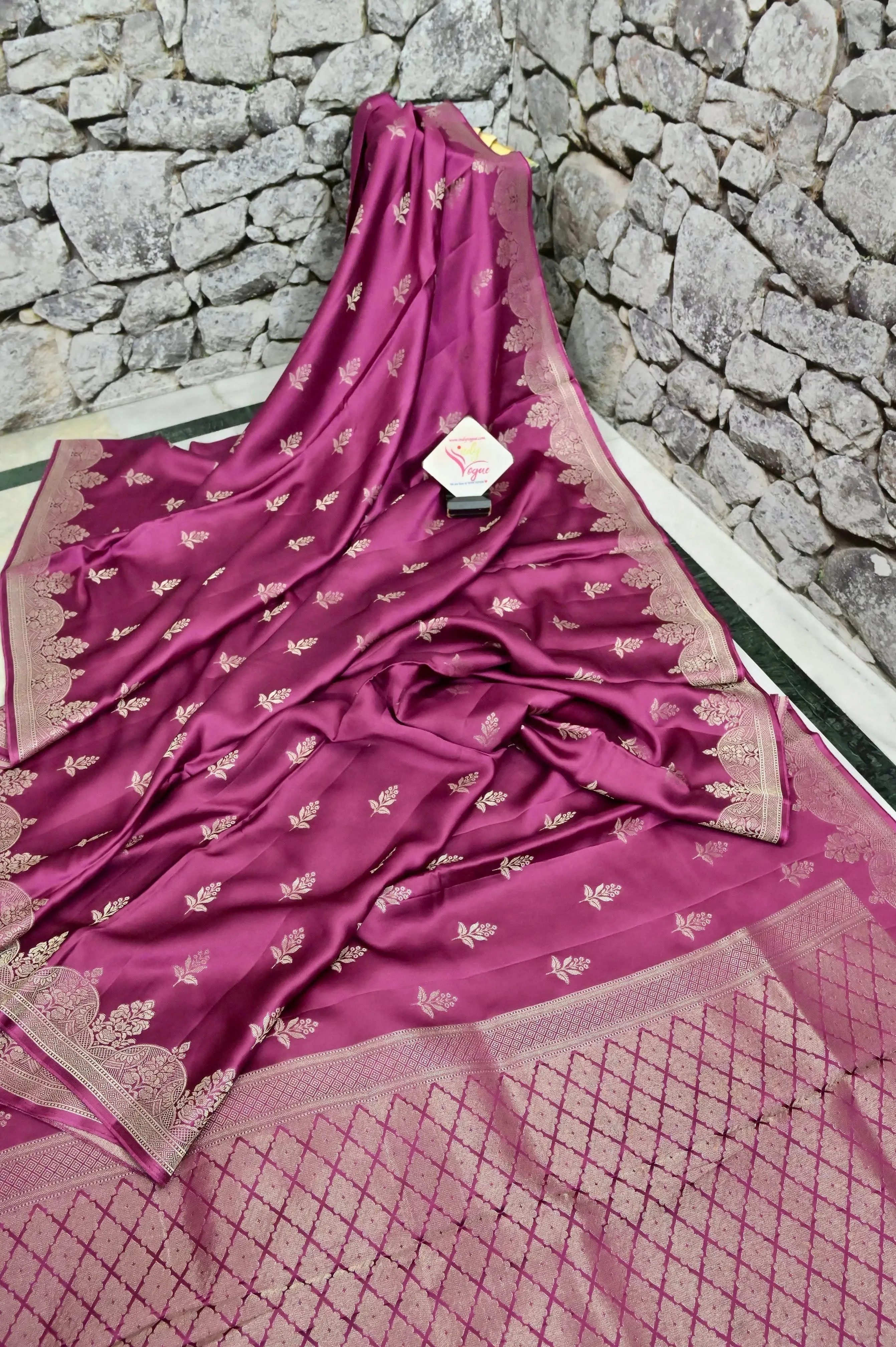 Wine Color Satin Silk Saree with Silver Zari Work