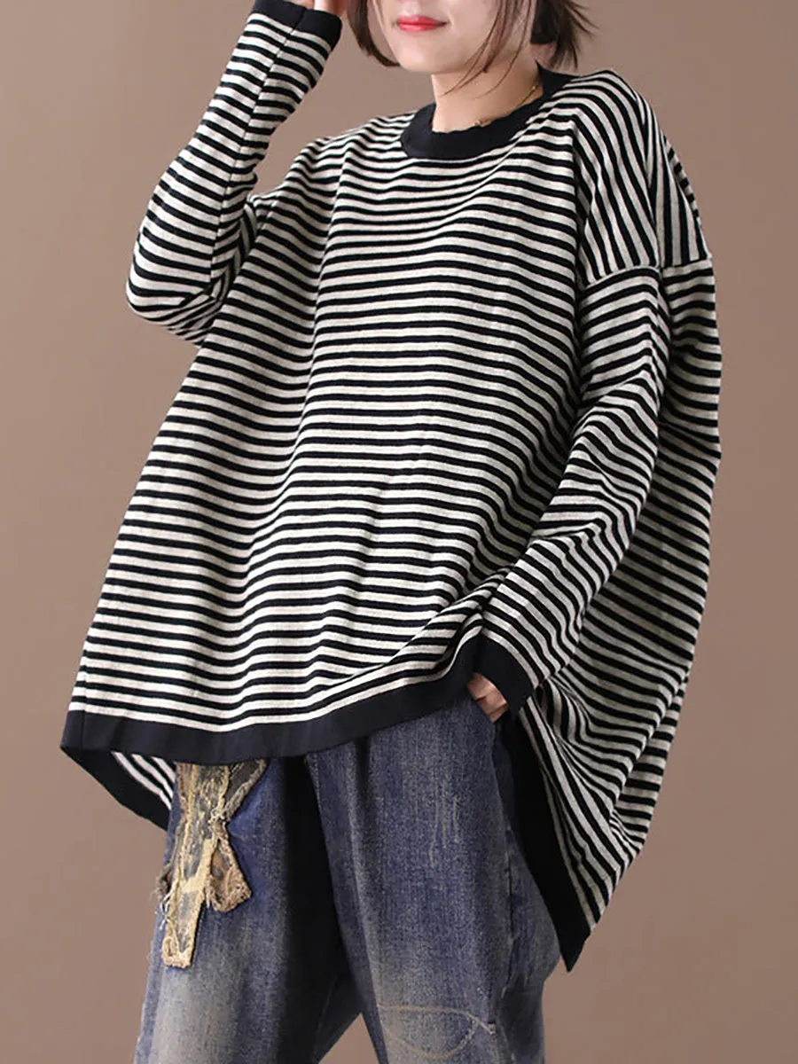 Women Ultra-loose Classic Striped Round Neck Sweater