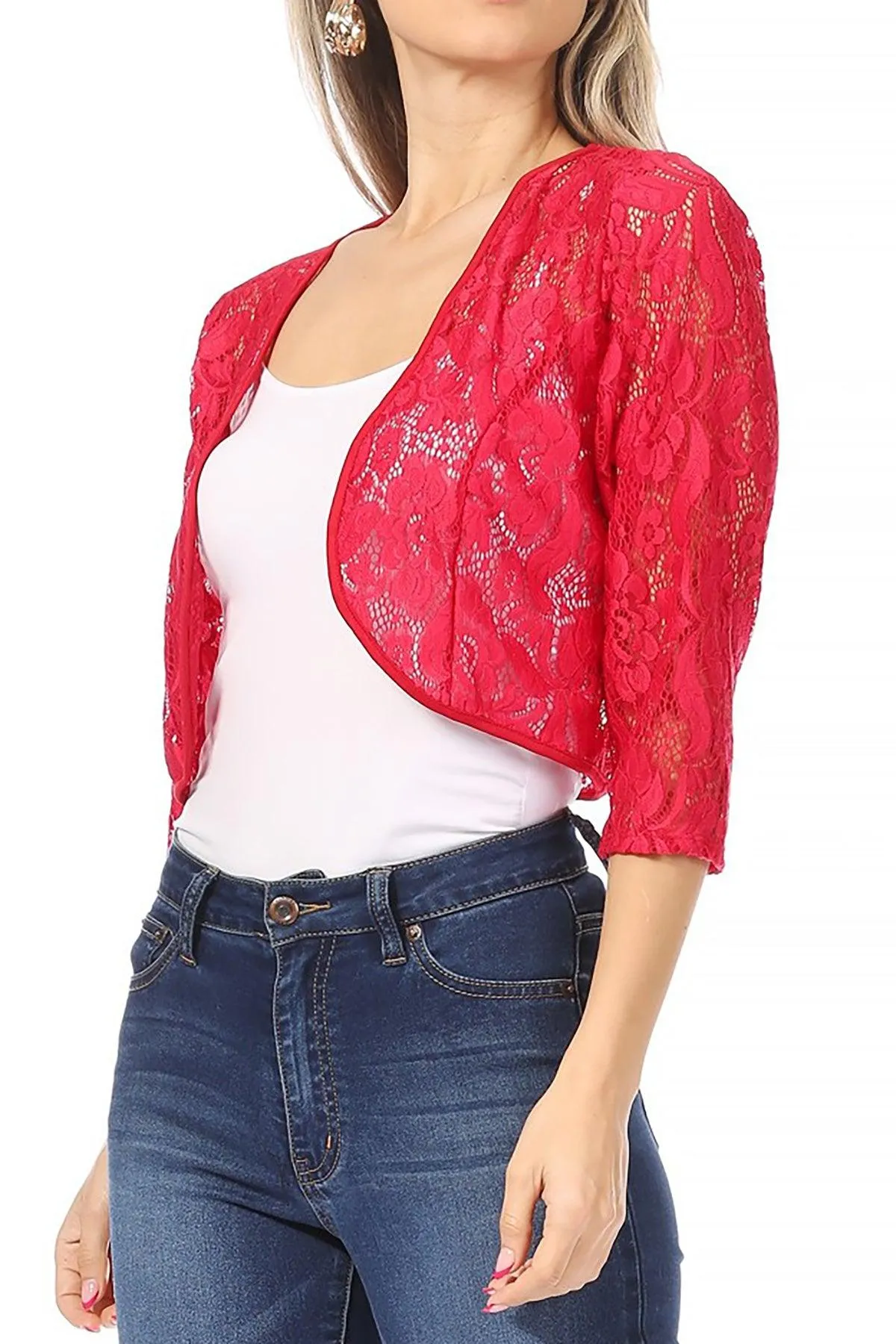 Women's Casual Lace Bolero Crochet Open Cardigan 3/4 Sleeve Sheer Cover Up Jacket