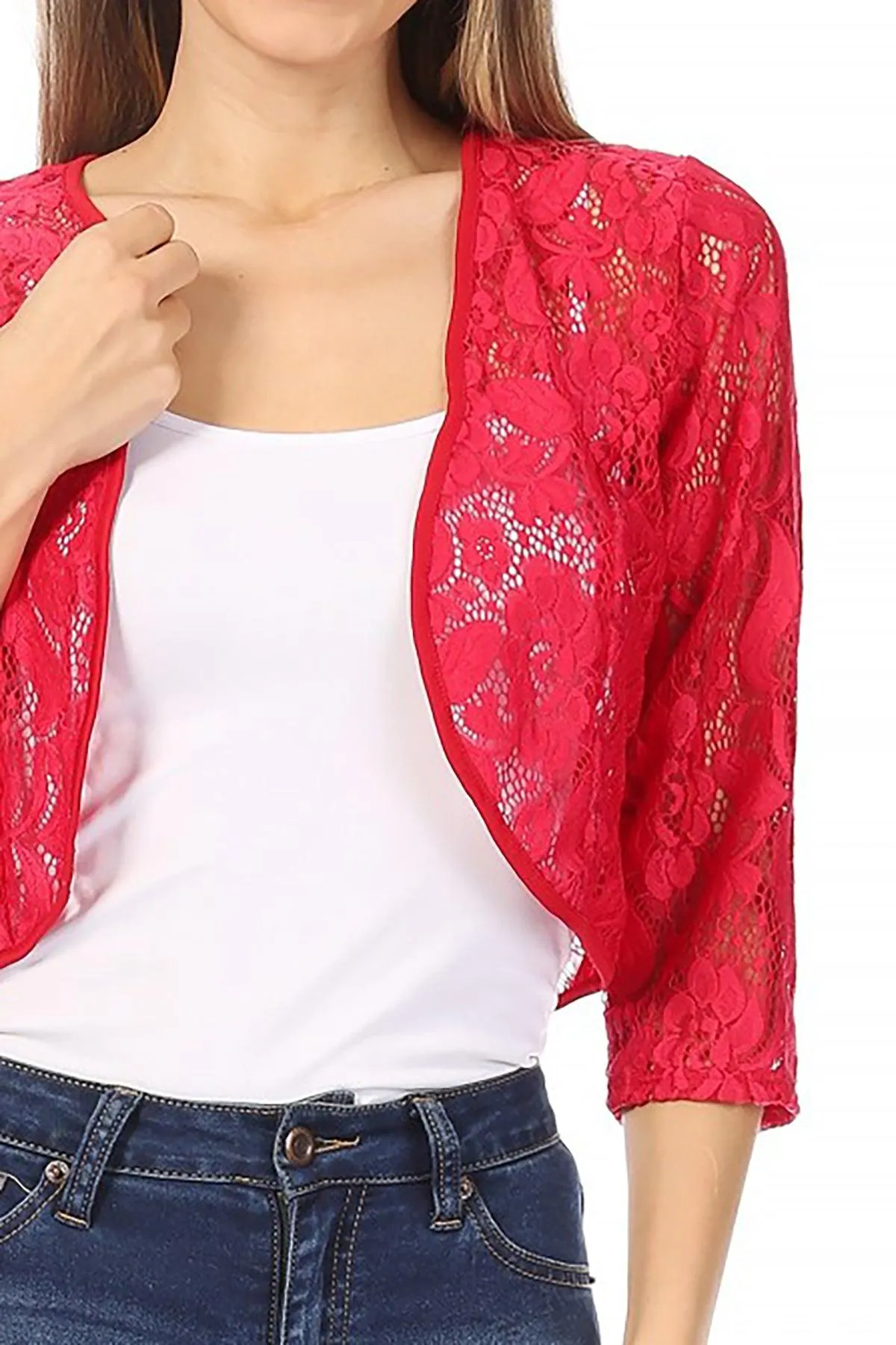 Women's Casual Lace Bolero Crochet Open Cardigan 3/4 Sleeve Sheer Cover Up Jacket