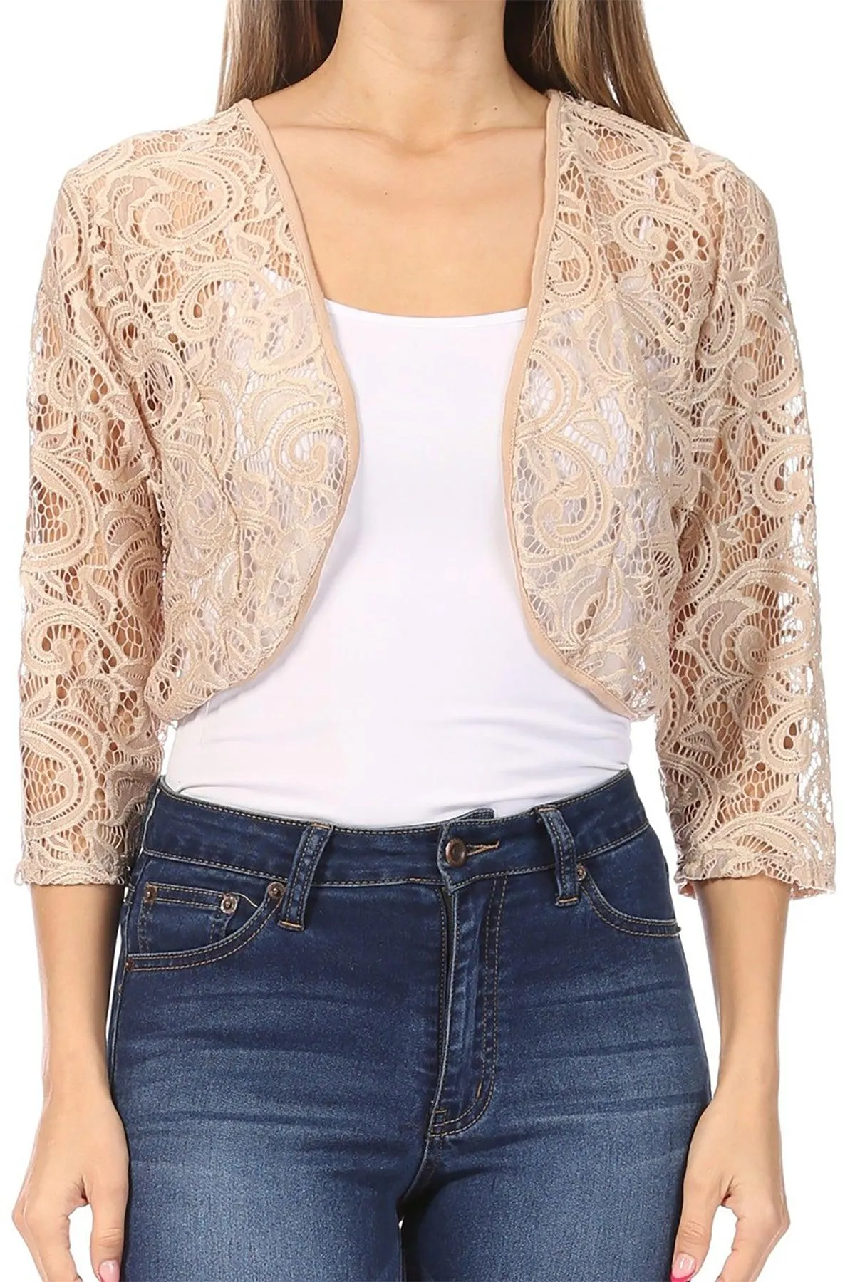 Women's Casual Lace Bolero Crochet Open Cardigan 3/4 Sleeve Sheer Cover Up Jacket