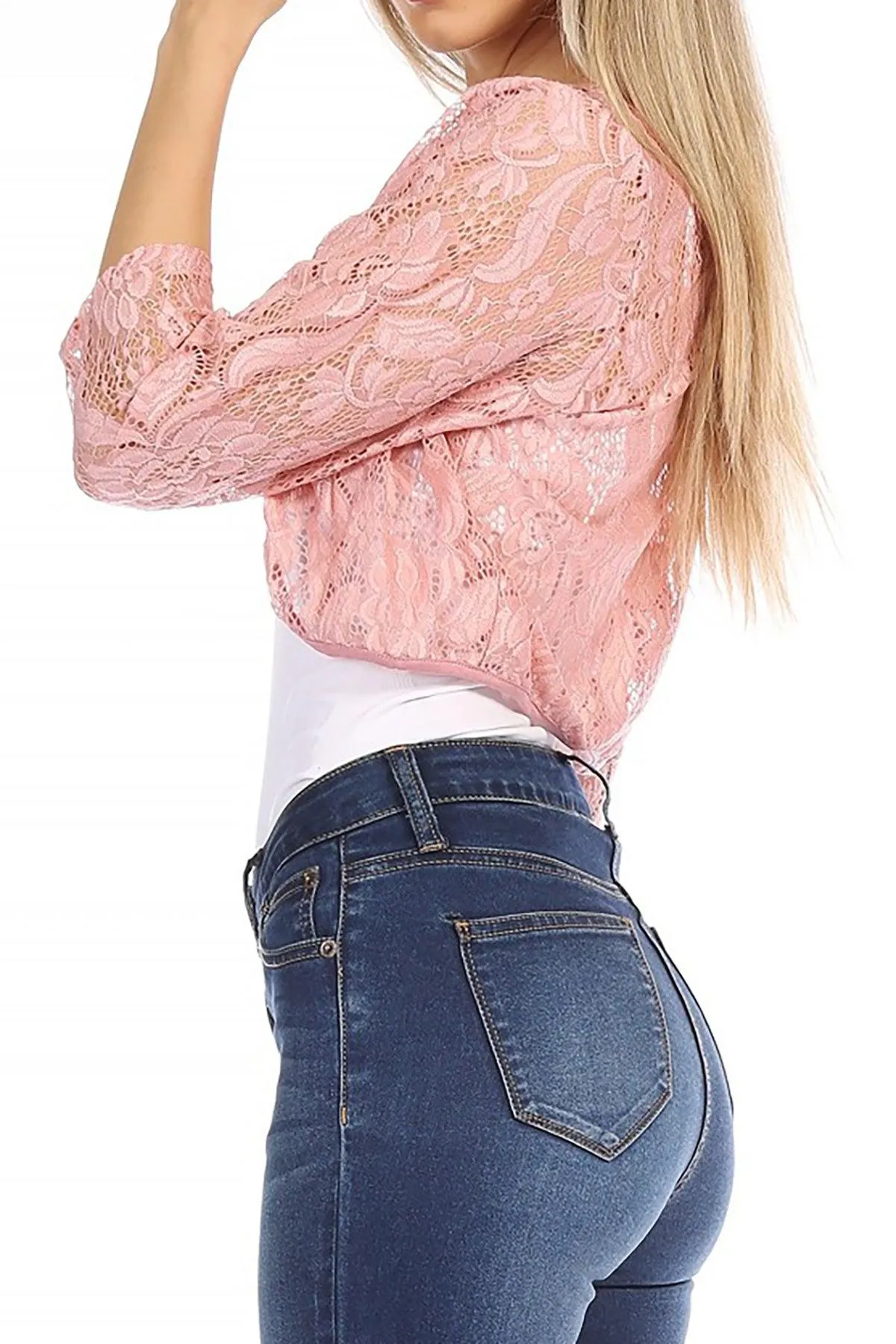 Women's Casual Lace Bolero Crochet Open Cardigan 3/4 Sleeve Sheer Cover Up Jacket