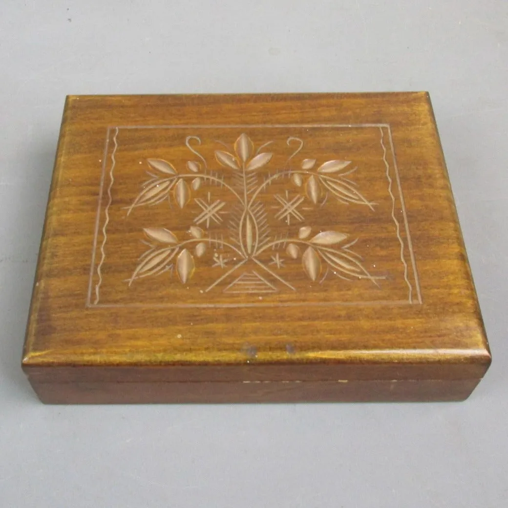 Wooden Two-Deck Playing Cards Box With Floral Detail Vintage c1970